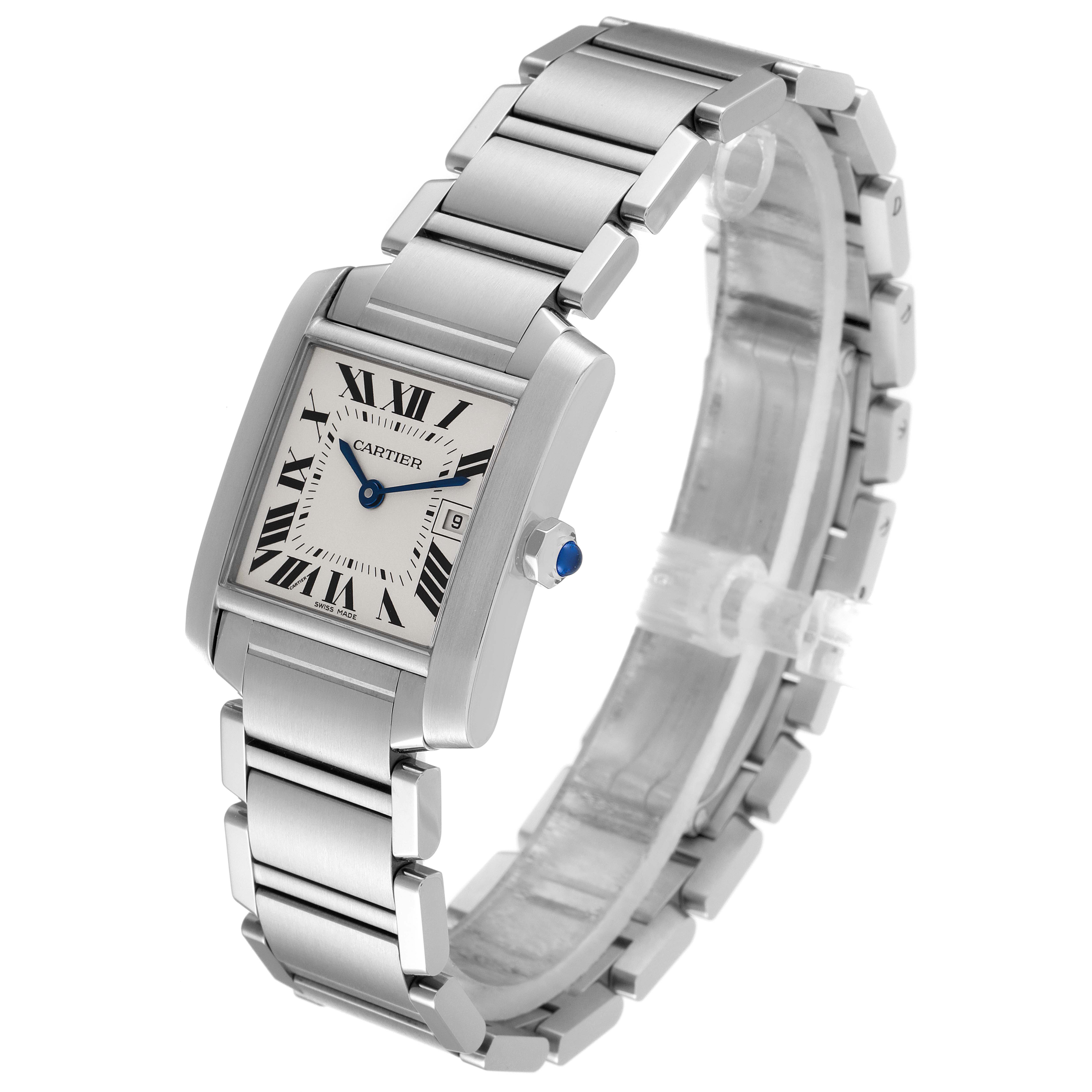 The image shows a Cartier Tank Francaise W51011Q3 Women
s Stainless Steel Silver Dial W51011Q3 Women
s Stainless Steel Silver Dial watch from a three-quarter angle, highlighting the face, bracelet, and side crown.
