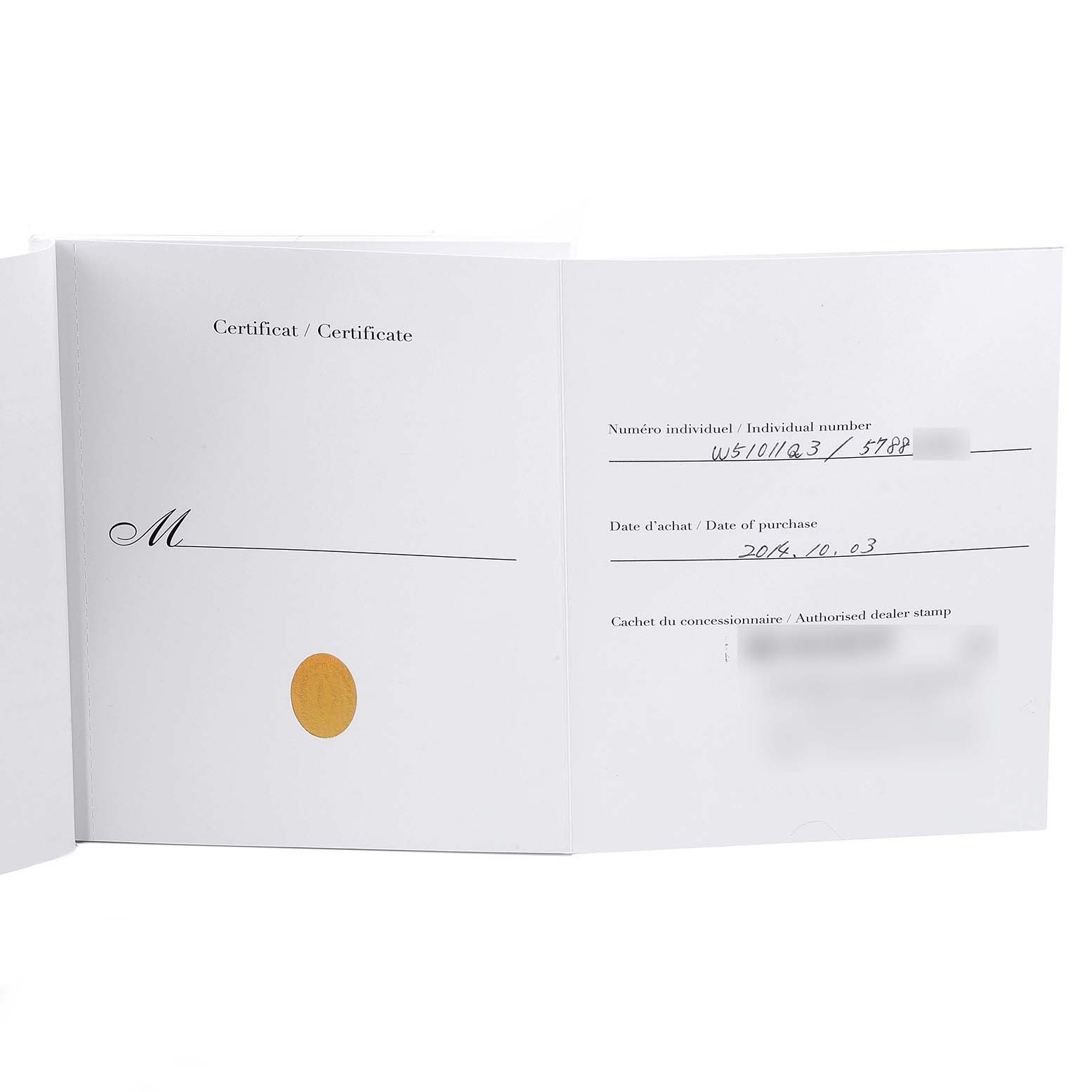 The image shows the certificate of Best Quality
ity for a Cartier Tank Française watch, displayed opened and showing purchase details.