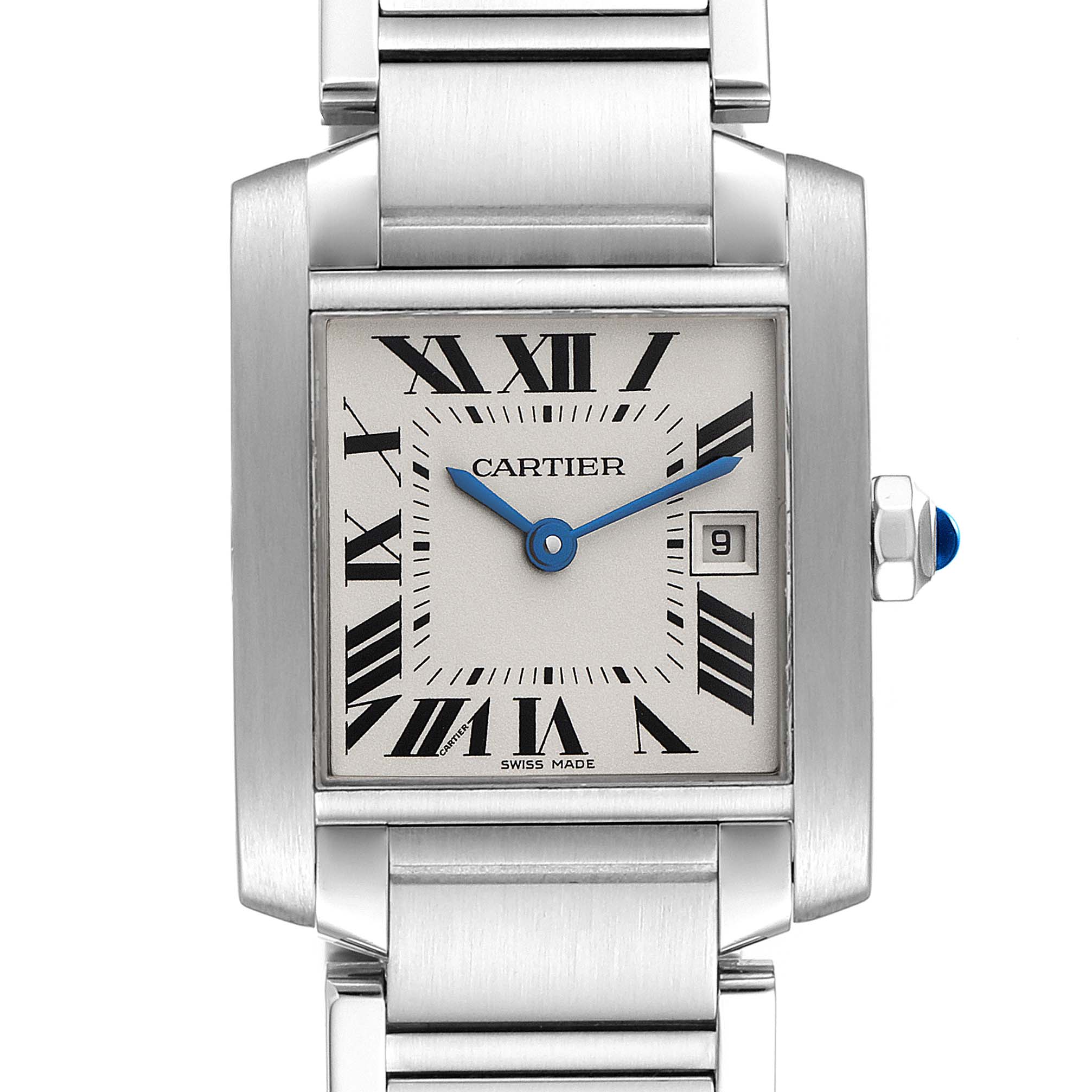 This image shows a head-on view of a Cartier Tank Francaise W51011Q3 Women
s Stainless Steel Silver Dial W51011Q3 Women
s Stainless Steel Silver Dial, highlighting its rectangular face, Roman numerals, date display, and bracelet.