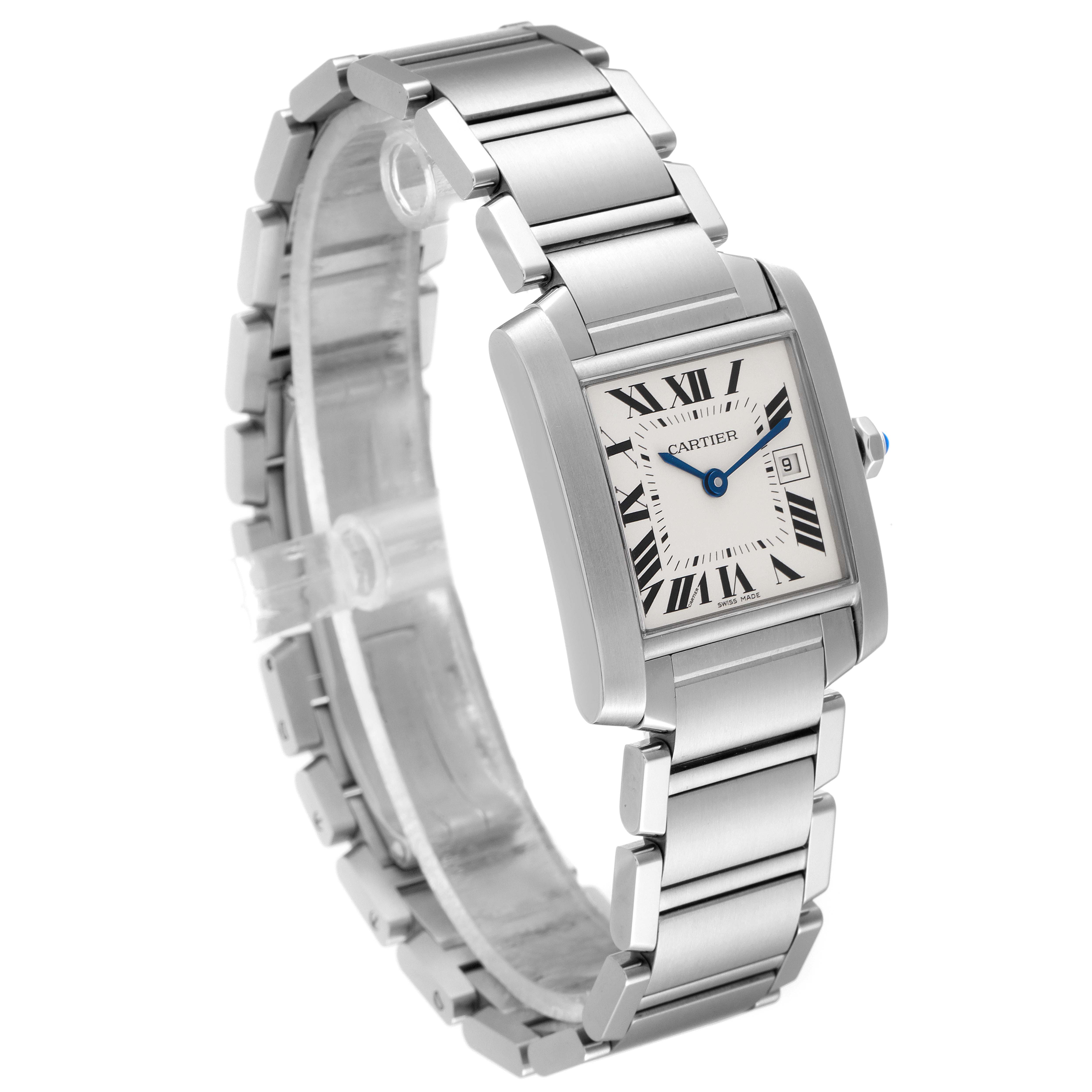 The image shows the Cartier Tank Francaise W51011Q3 Women
s Stainless Steel Silver Dial W51011Q3 Women
s Stainless Steel Silver Dial watch at a slight angle, highlighting the bracelet, rectangular dial, and Roman numeral markers.