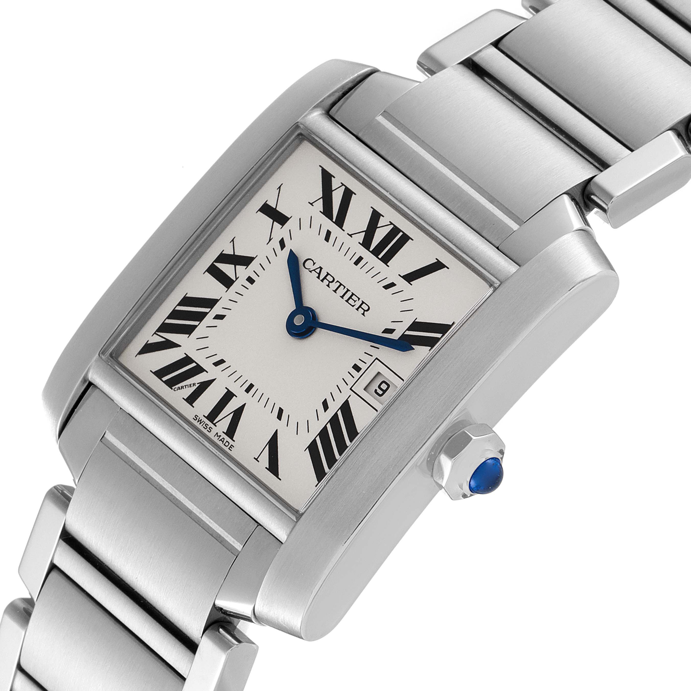 The Cartier Tank Francaise W51011Q3 Women
s Stainless Steel Silver Dial W51011Q3 Women
s Stainless Steel Silver Dial watch is shown from an angled top view, displaying its face, crown, and part of the bracelet.