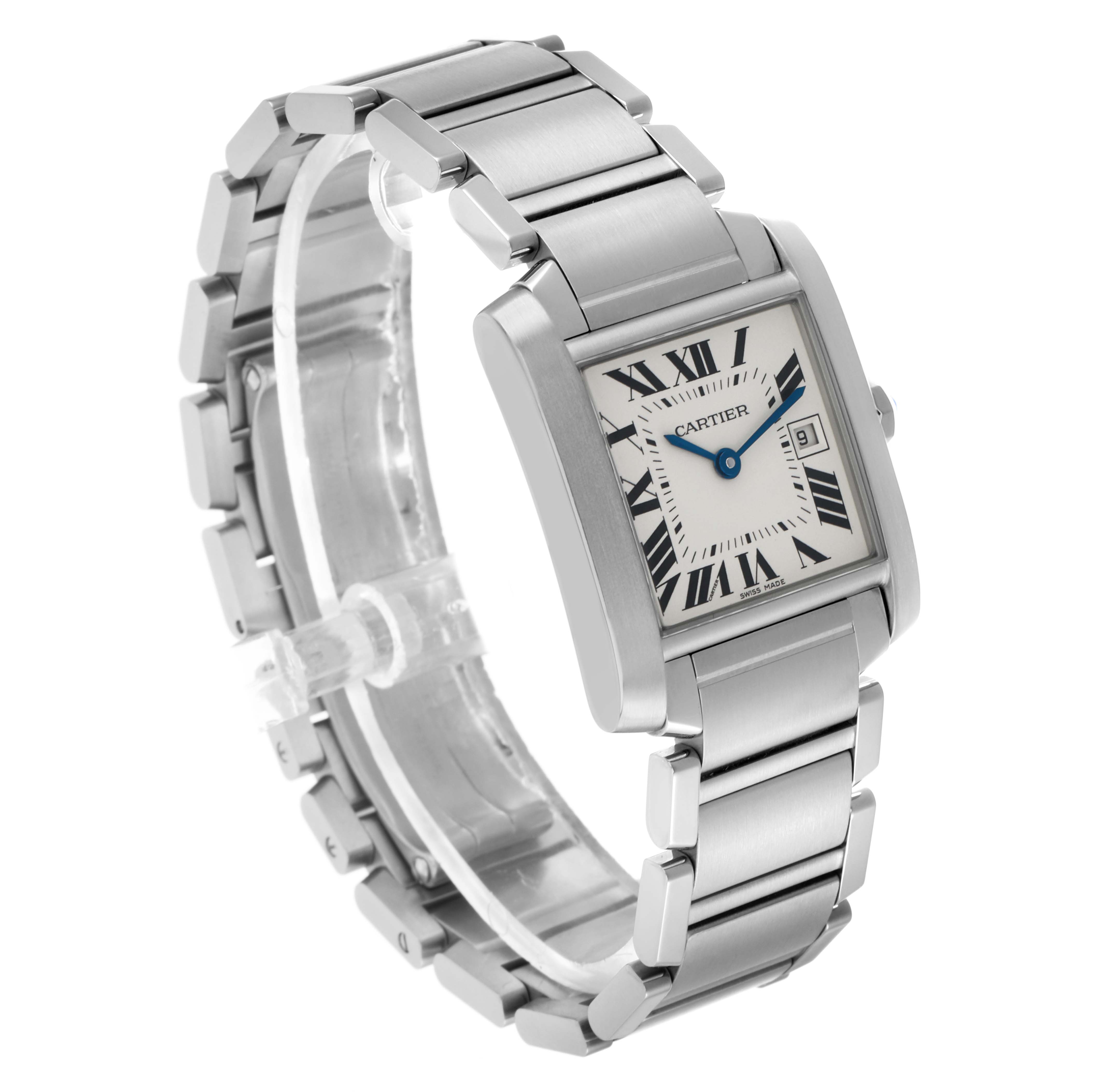 The Cartier Tank Française watch is shown at a three-quarter angle, highlighting the rectangular face and metallic band.