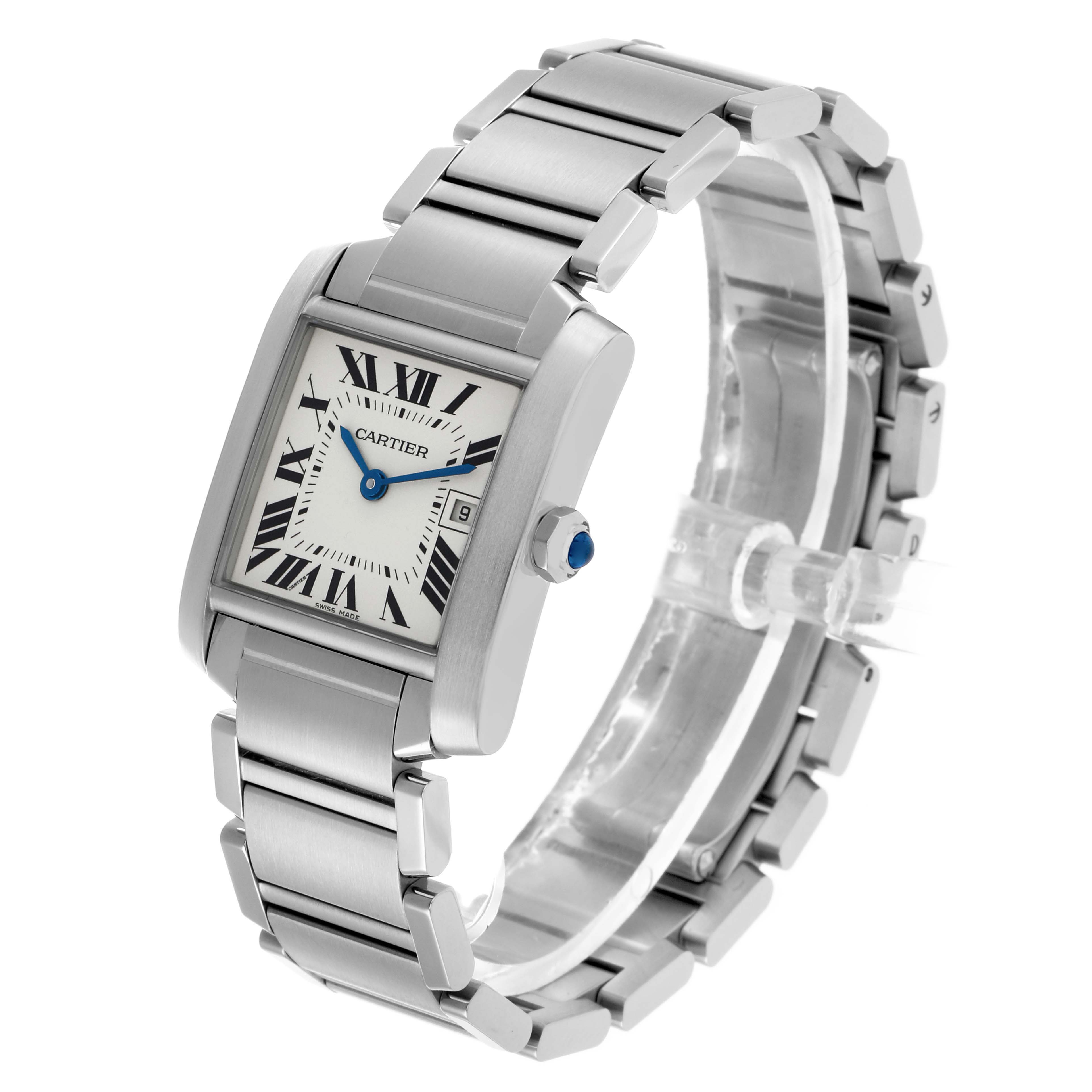 The Cartier Tank Française watch is shown at a slight angle, displaying the dial, bracelet, and side view with the crown.