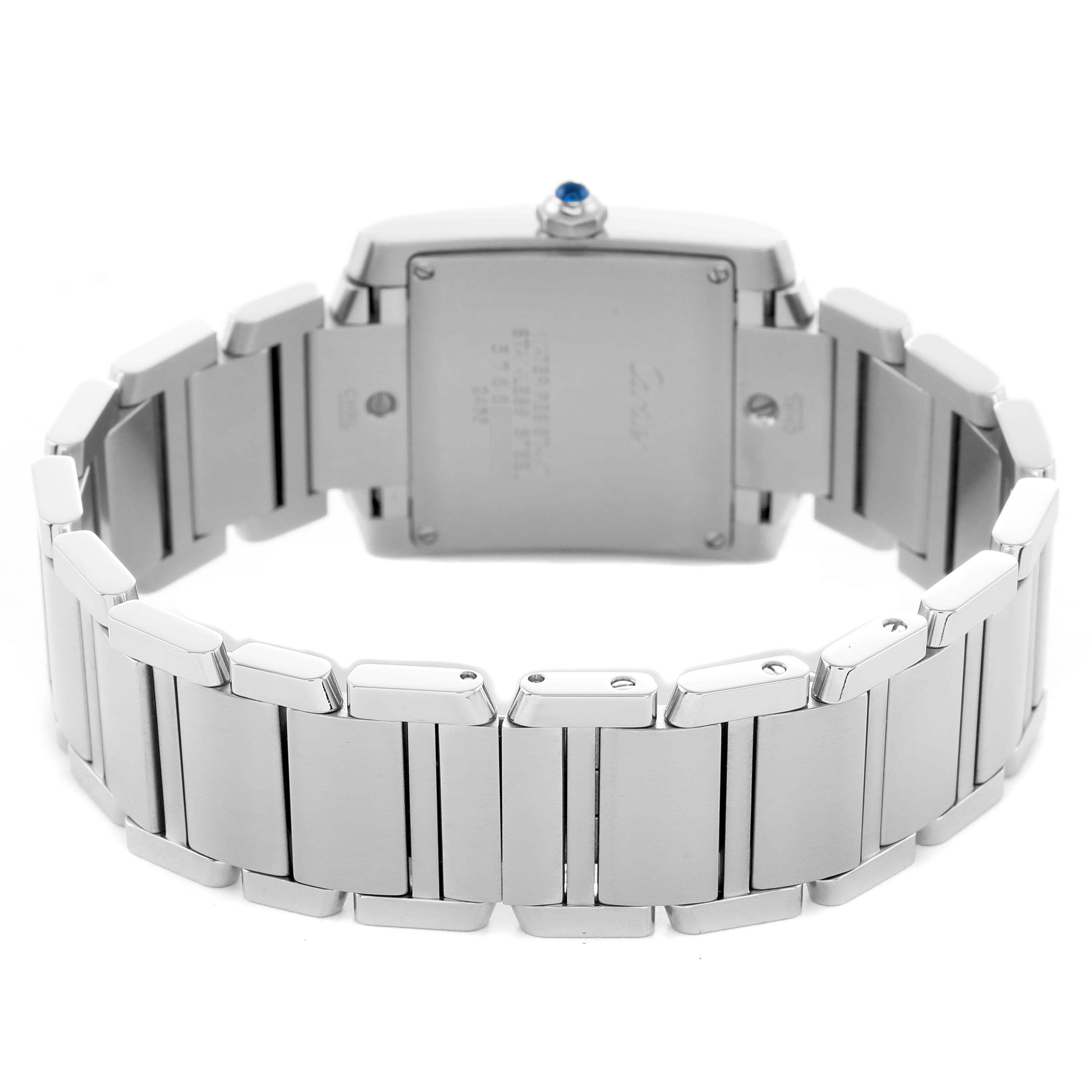 The image shows the back view of a Cartier Tank Francaise W51011Q3 Women's Stainless Steel Silver Dial watch, highlighting the bracelet and case back.