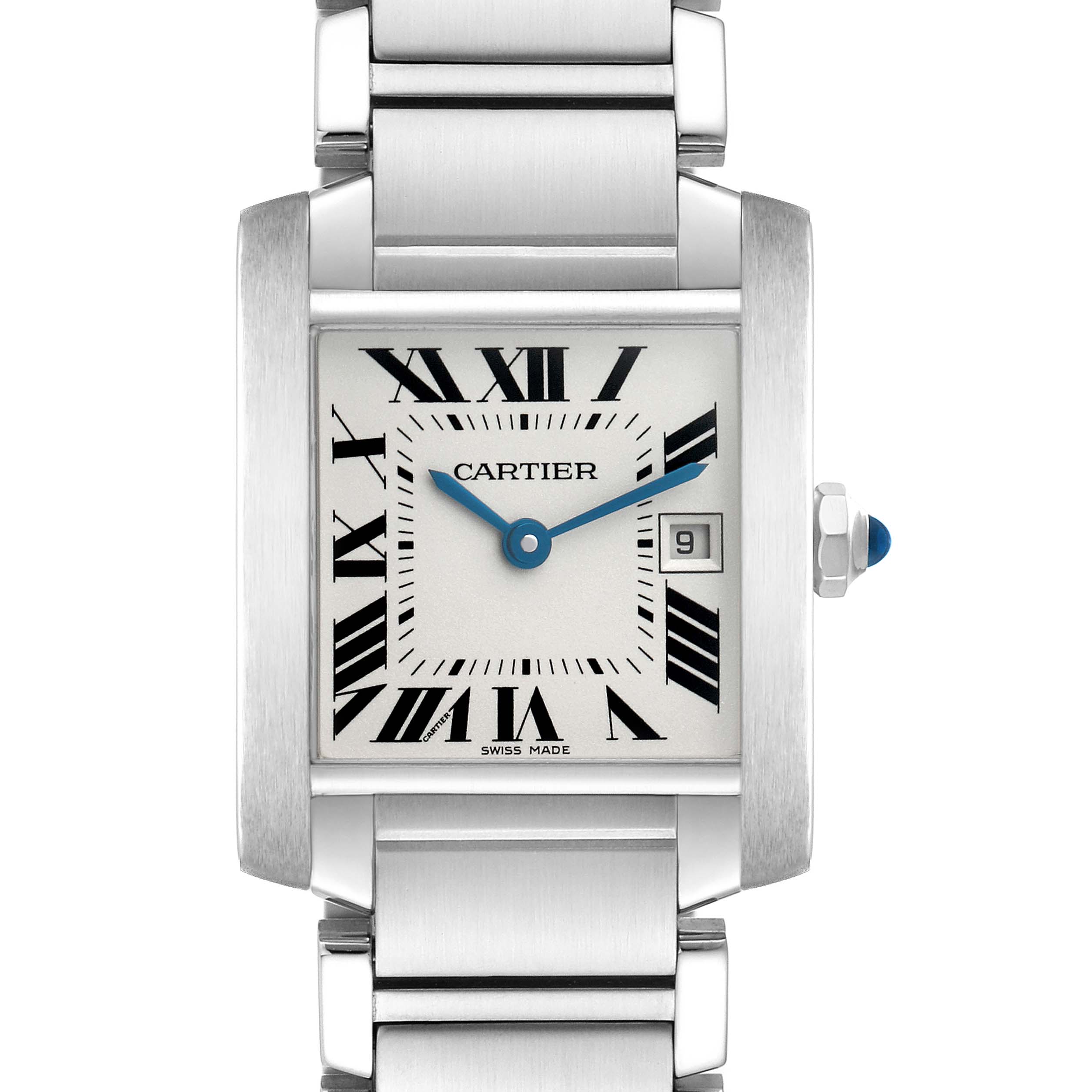The Cartier Tank Française watch is shown front-facing, highlighting the rectangular face, Roman numerals, and metal bracelet.