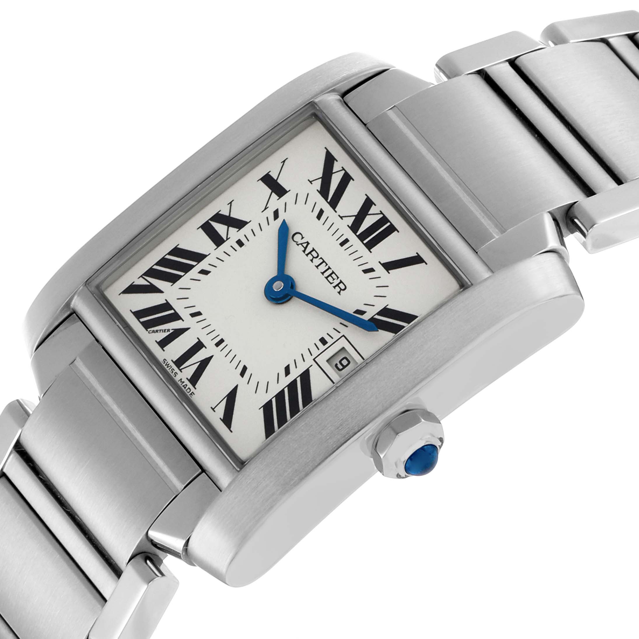 The Cartier Tank Française watch is shown at an angle highlighting its rectangular face, Roman numerals, date window, and metal bracelet.