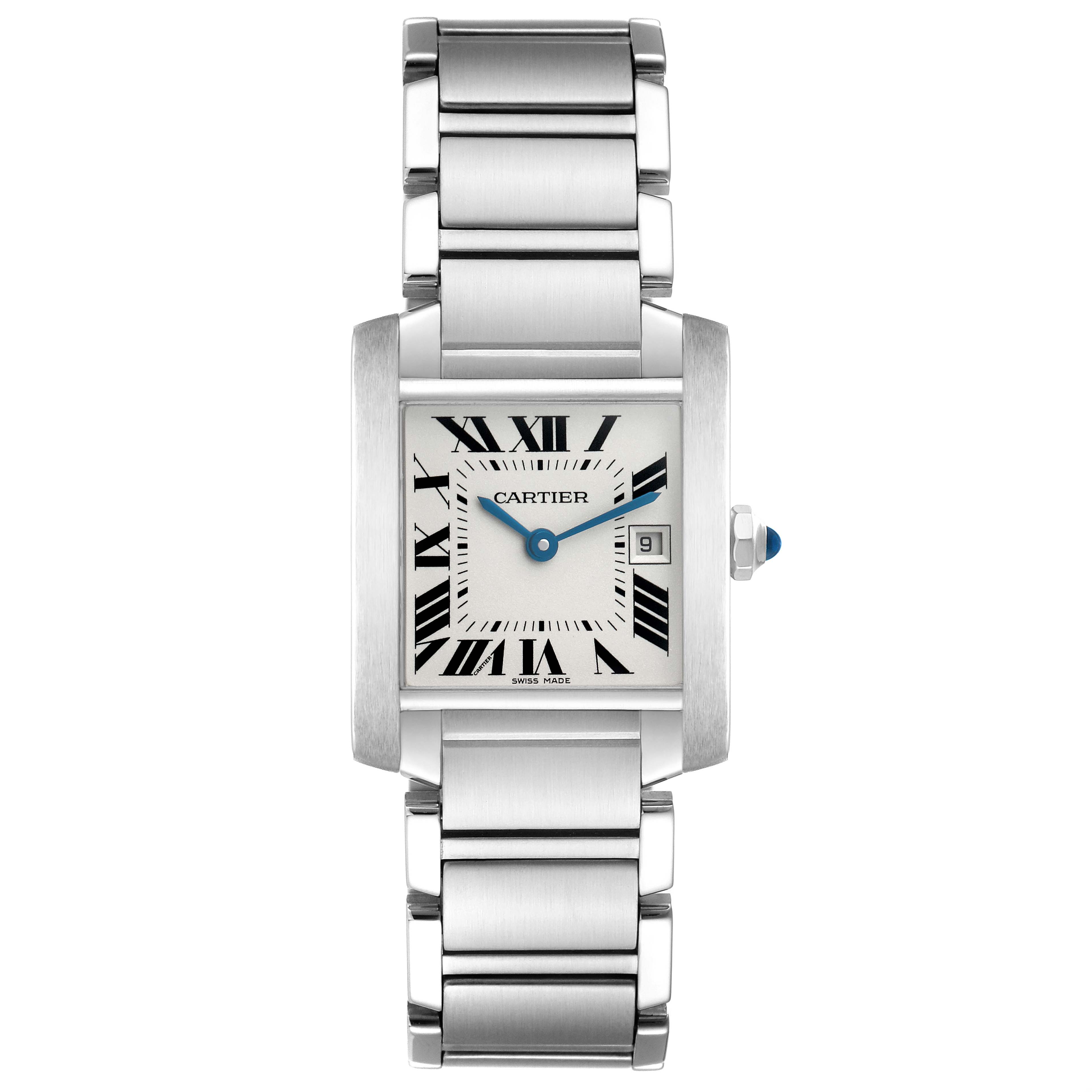 The image shows a Cartier Tank Française watch face-on, displaying the dial, bracelet, and crown with a blue cabochon.