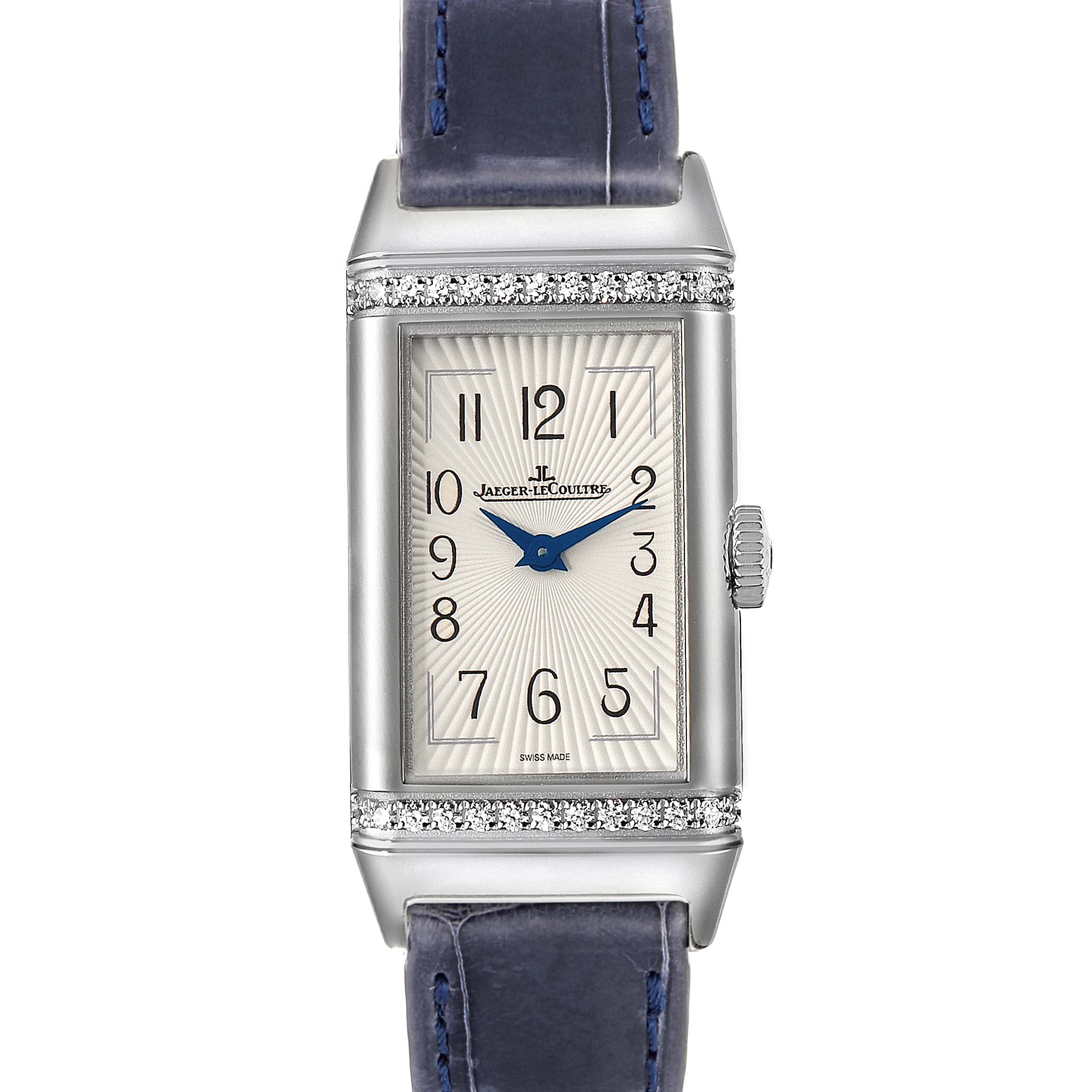 The Jaeger LeCoultre Reverso Q3288420 Women's Stainless Steel Silver Dial Q3288420 Women's Stainless Steel Silver Dial watch is shown from a front angle, displaying the rectangular face, blue hands, and part of the strap.