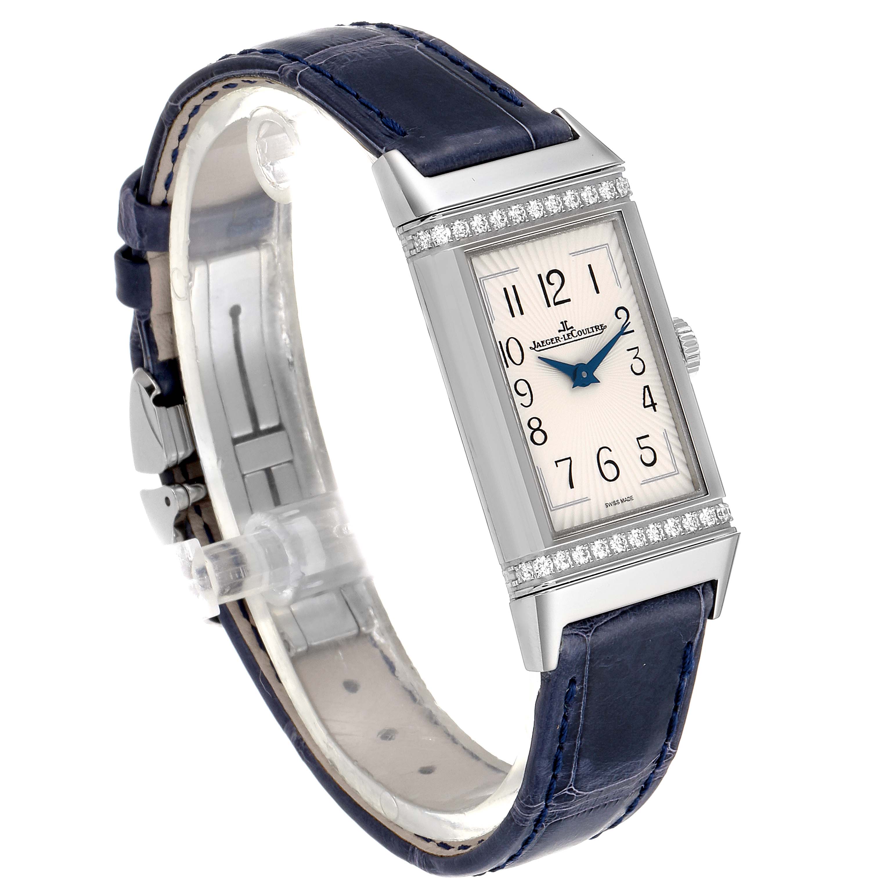 The Jaeger LeCoultre Reverso Q3288420 Women's Stainless Steel Silver Dial Q3288420 Women's Stainless Steel Silver Dial watch is shown at a side angle, highlighting the face, strap, and bezel adorned with diamonds.
