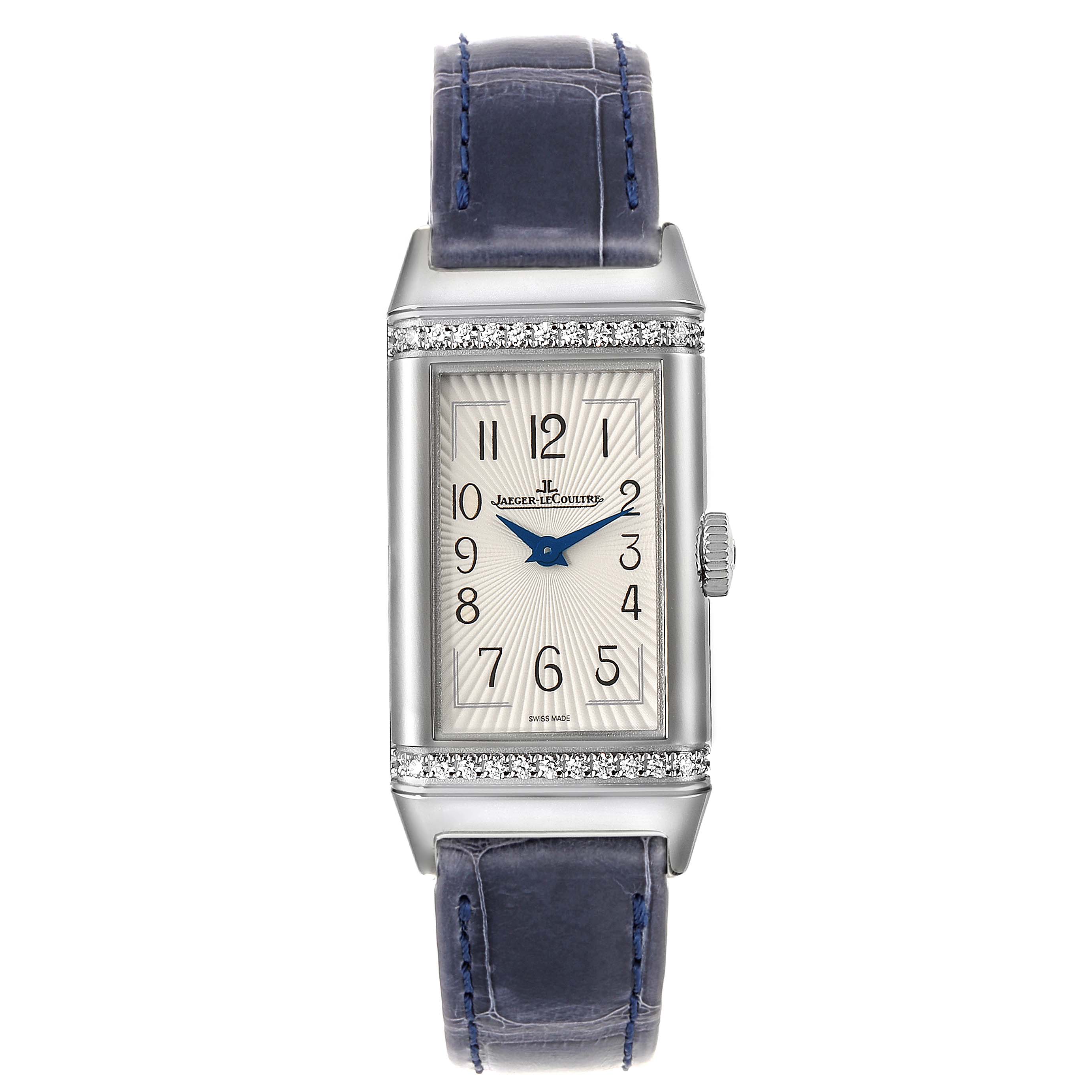 The image shows a Jaeger LeCoultre Reverso Q3288420 Women's Stainless Steel Silver Dial Q3288420 Women's Stainless Steel Silver Dial watch from a top-down angle, highlighting the dial, crown, and leather strap.