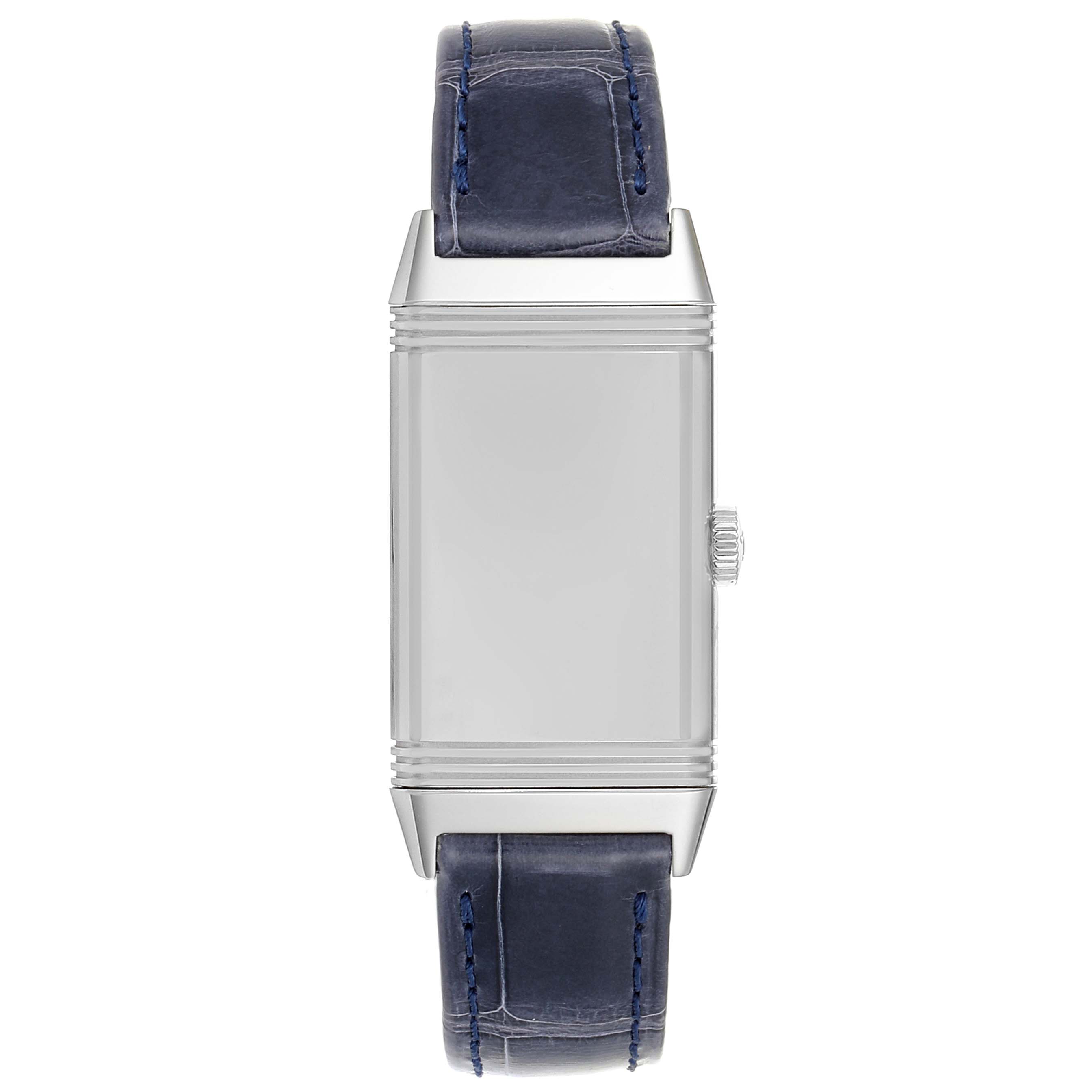 This is a top-down view of the Jaeger LeCoultre Reverso Q3288420 Women's Stainless Steel Silver Dial Q3288420 Women's Stainless Steel Silver Dial watch, showing the face, case, crown, and leather strap.