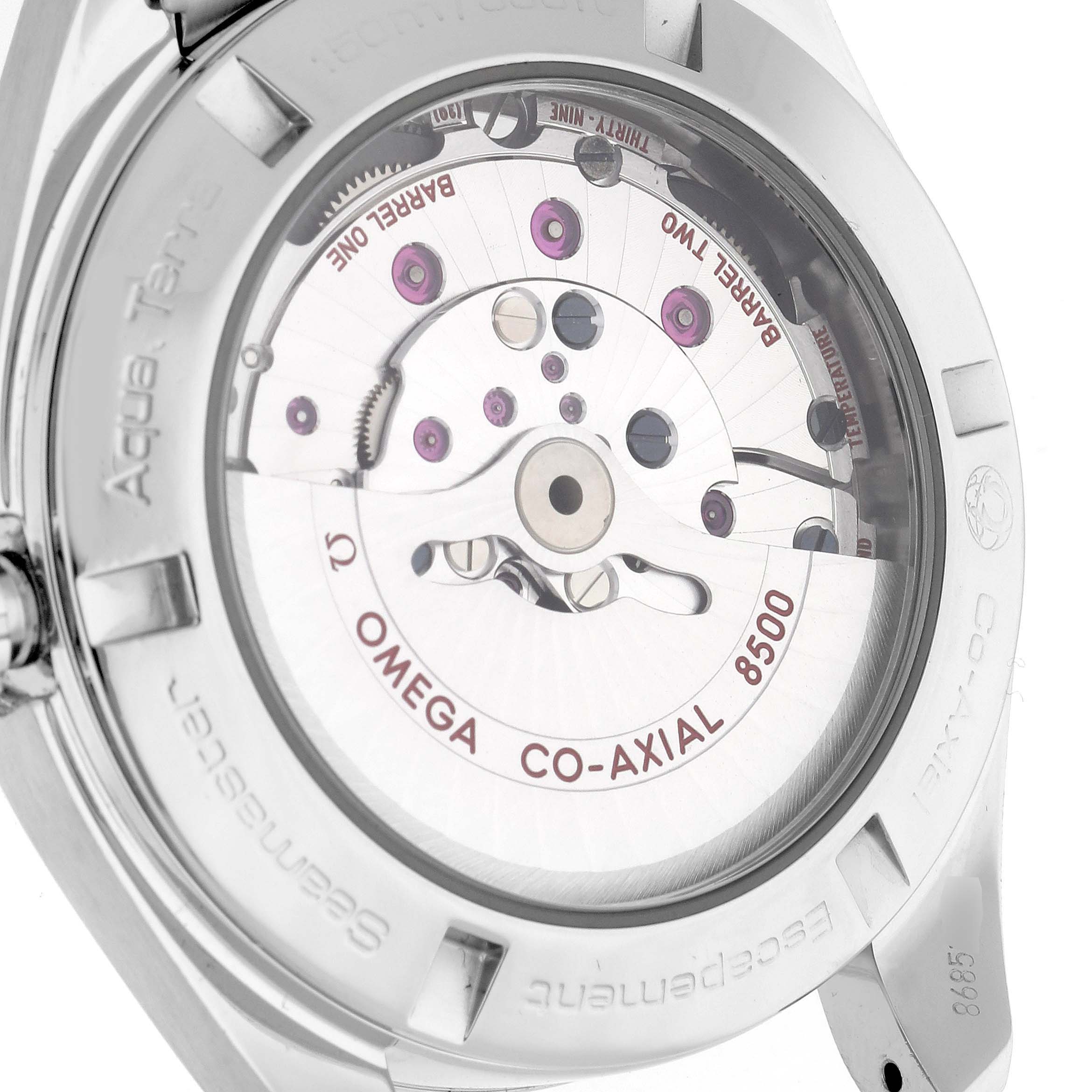 The image shows the Omega Aqua Terra 231.10.42.21.01.001 Men's Stainless Steel Black Dial's case back, revealing the Co-Axial 8500 movement.