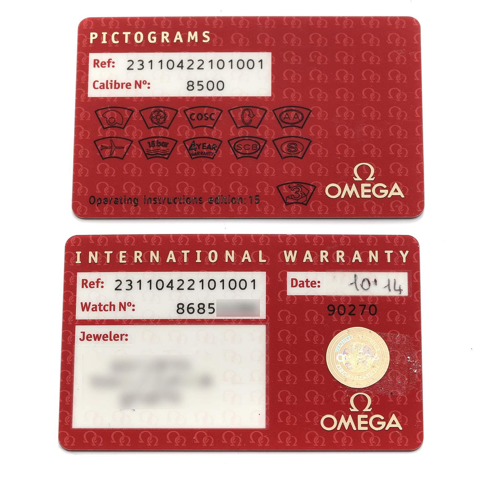 The image shows two red Omega cards for the Aqua Terra model: a Pictograms card and an International Warranty card, both flat and fully visible.