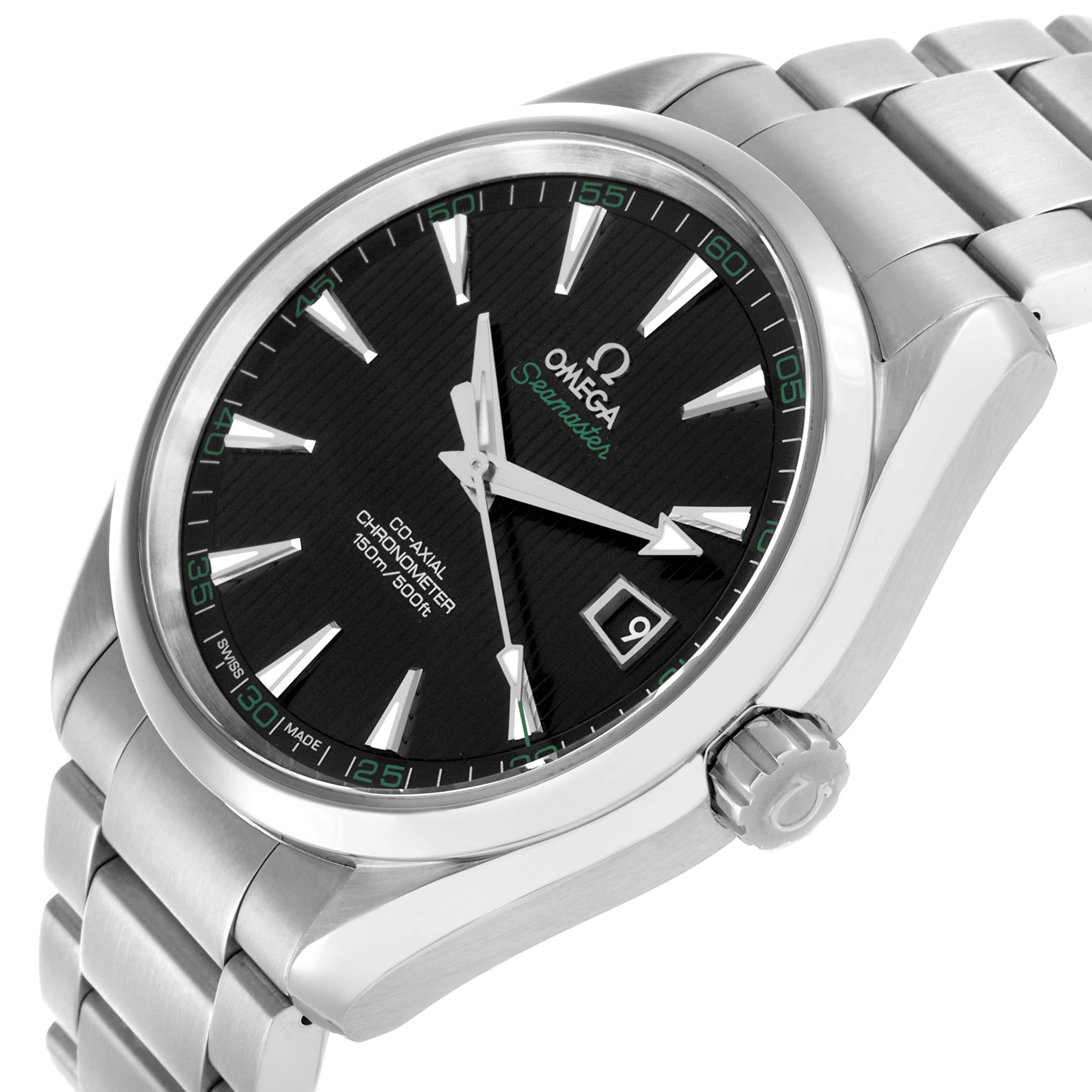 The Omega Aqua Terra 231.10.42.21.01.001 Men's Stainless Steel Black Dial watch is shown at a tilted angle, highlighting the dial, crown, and part of the bracelet.