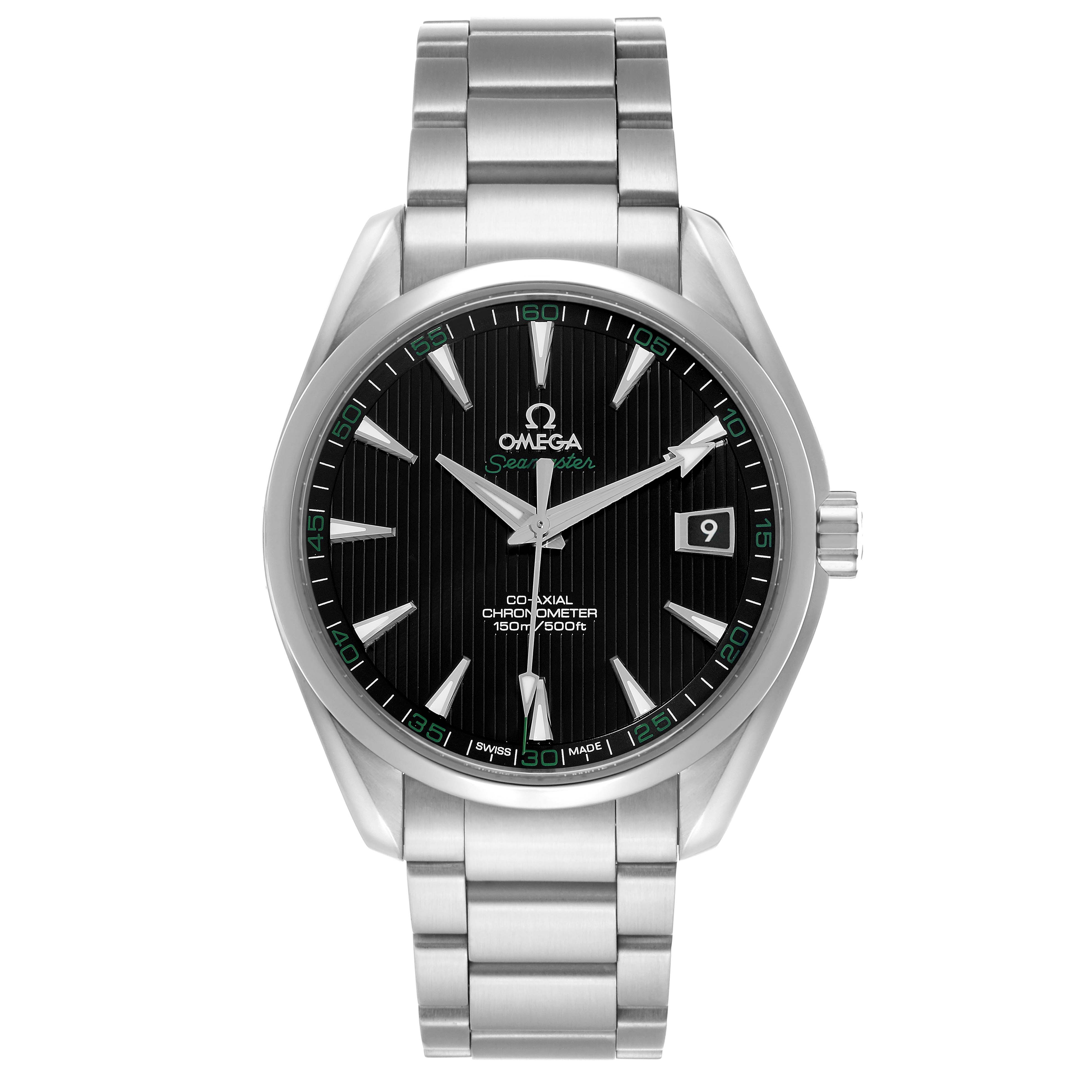 The Omega Aqua Terra 231.10.42.21.01.001 Men's Stainless Steel Black Dial watch is shown from the front, displaying the face, bezel, and stainless steel bracelet.