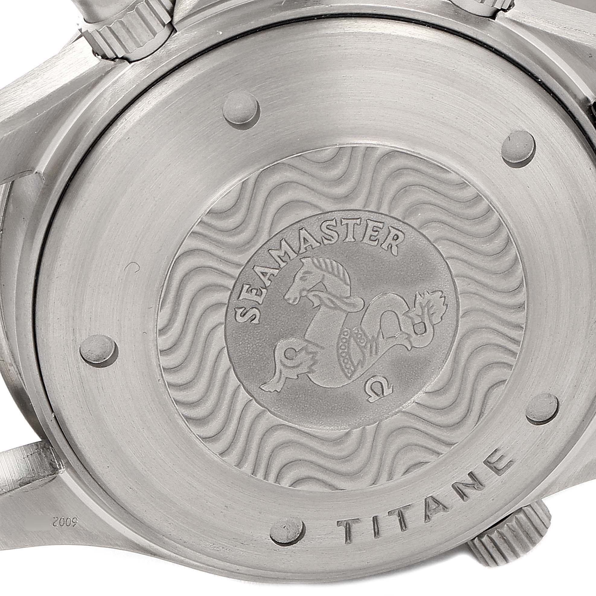 The image shows the back case of an Omega Seamaster 2298.80.00 Men's Platinum Blue Dial 2298.80.00 Men's Platinum Blue Dial watch, featuring engraved details including the brand name, model name, and a seahorse emblem.