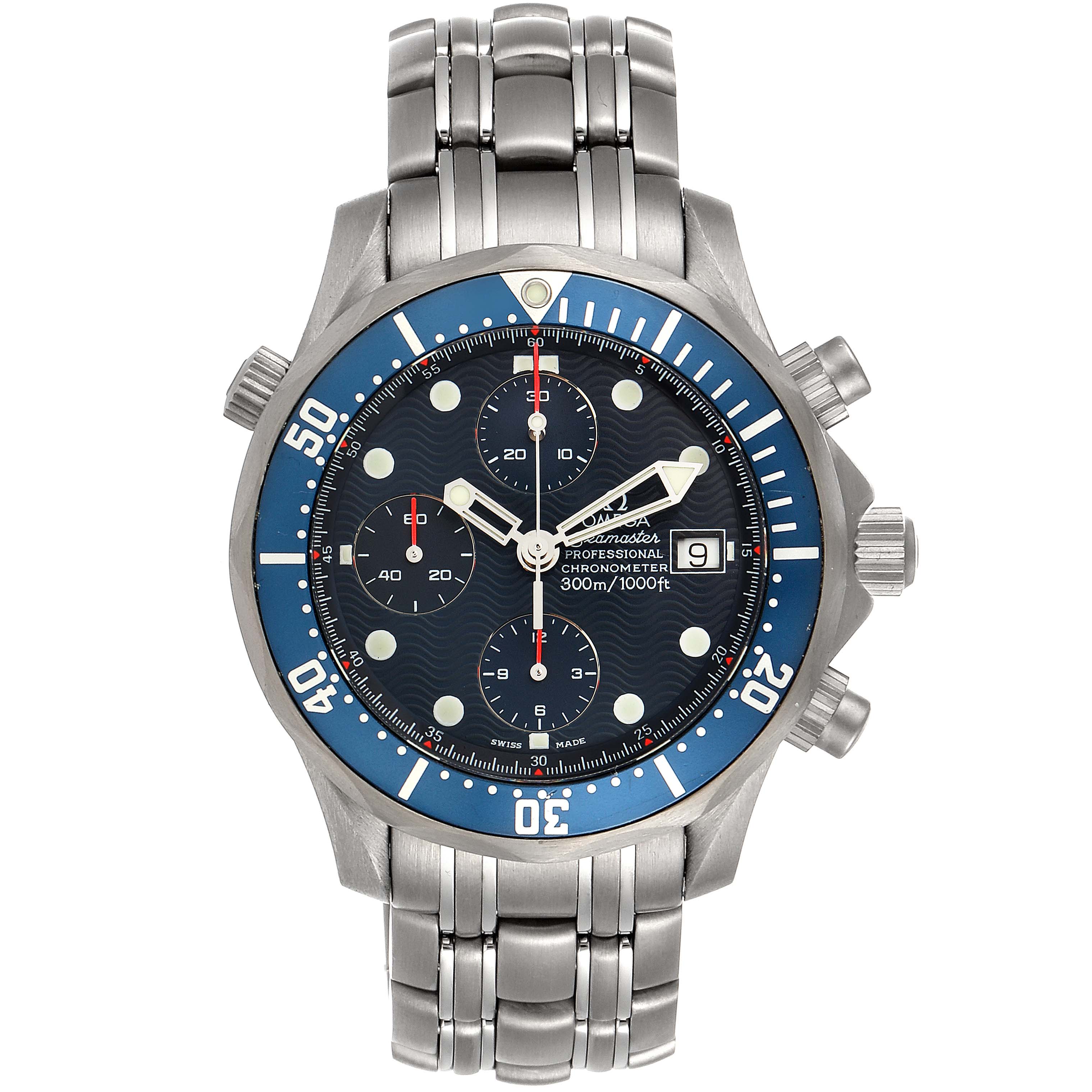 The image shows a front view of the Omega Seamaster 2298.80.00 Men's Platinum Blue Dial 2298.80.00 Men's Platinum Blue Dial watch, highlighting its dial, bezel, chronograph subdials, and stainless steel bracelet.