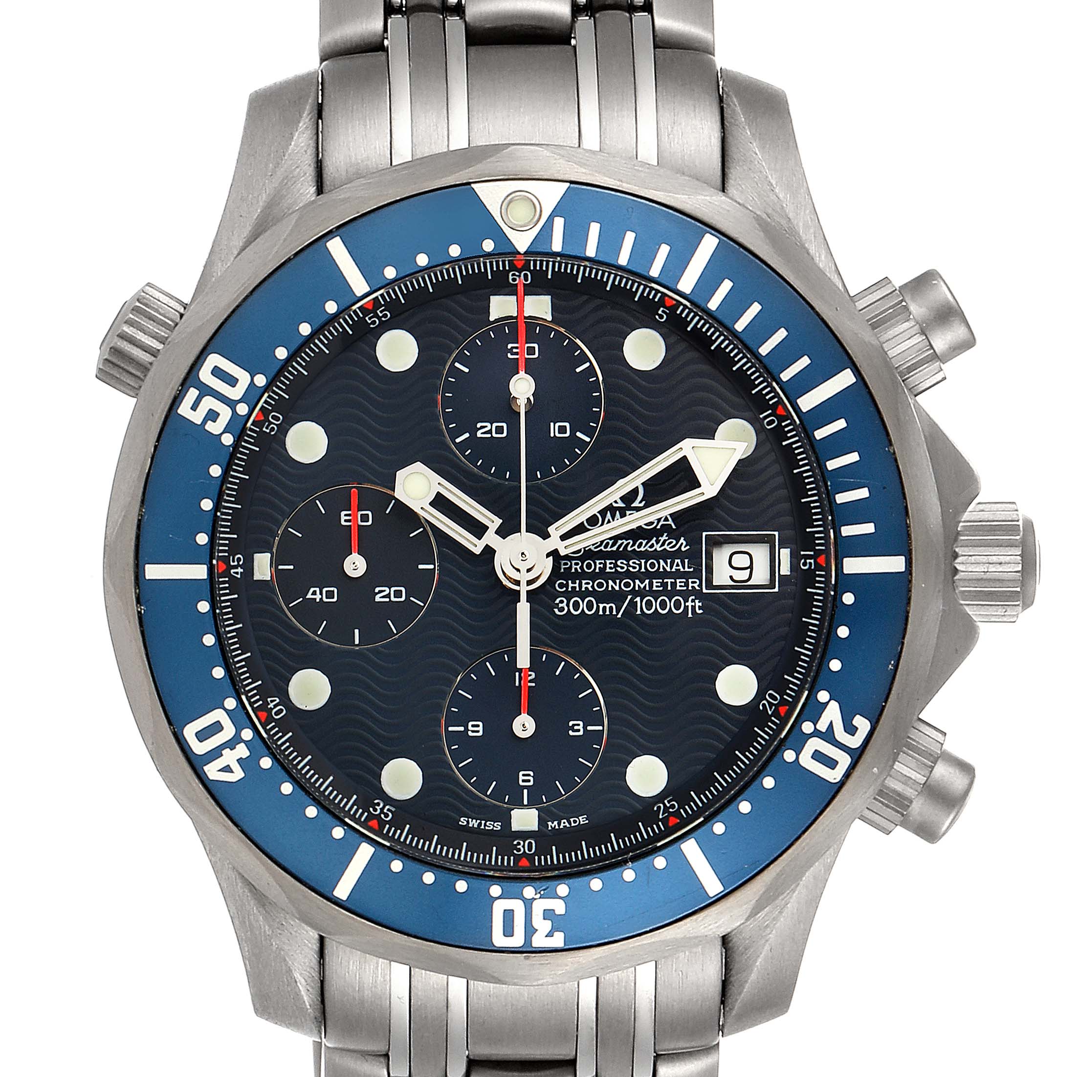 The image shows a front view of an Omega Seamaster 2298.80.00 Men's Platinum Blue Dial 2298.80.00 Men's Platinum Blue Dial watch, displaying its face, bezel, chronograph dials, and bracelet.