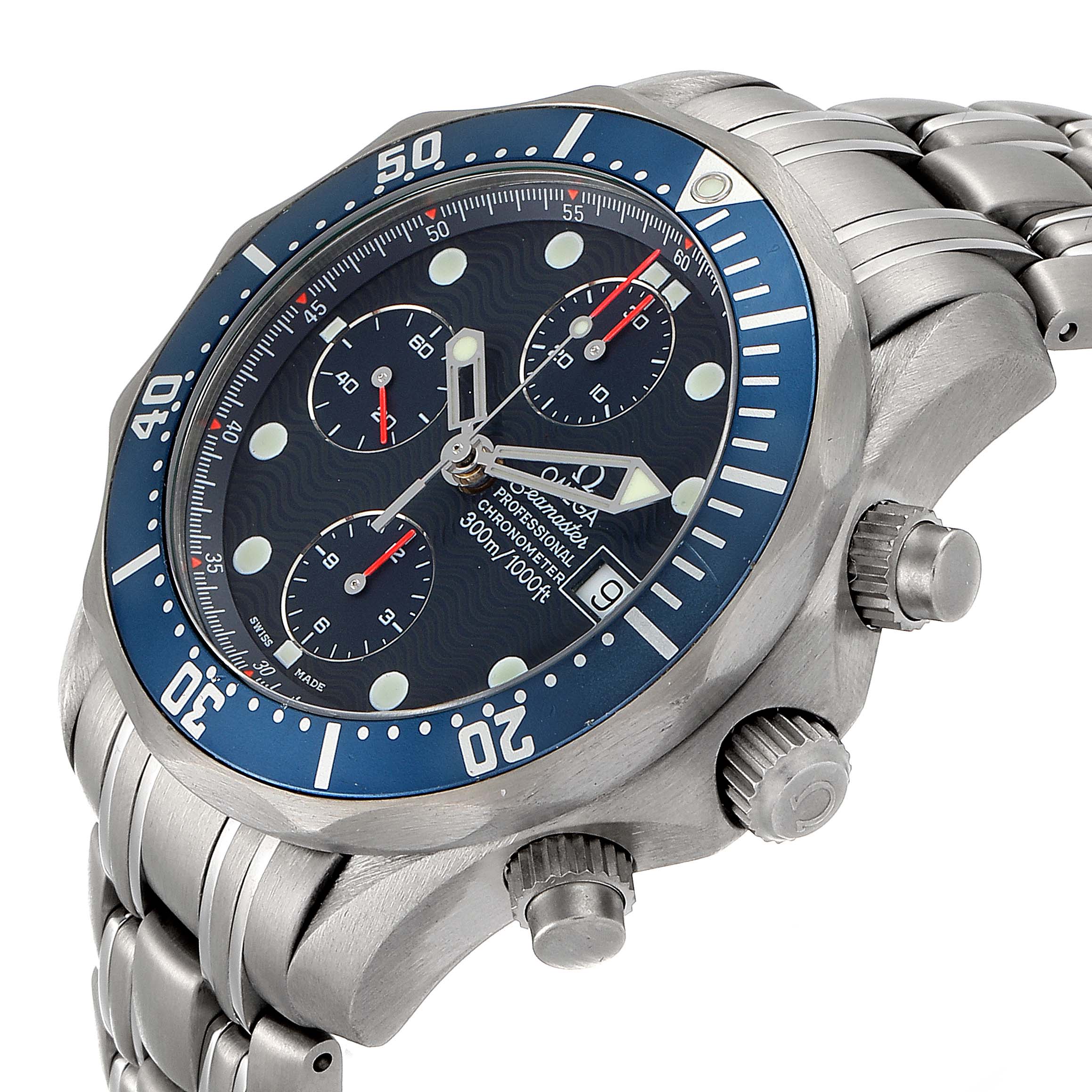The image shows a close-up angled view of the Omega Seamaster 2298.80.00 Men's Platinum Blue Dial 2298.80.00 Men's Platinum Blue Dial watch, highlighting the face, bezel, and chronograph pushers.