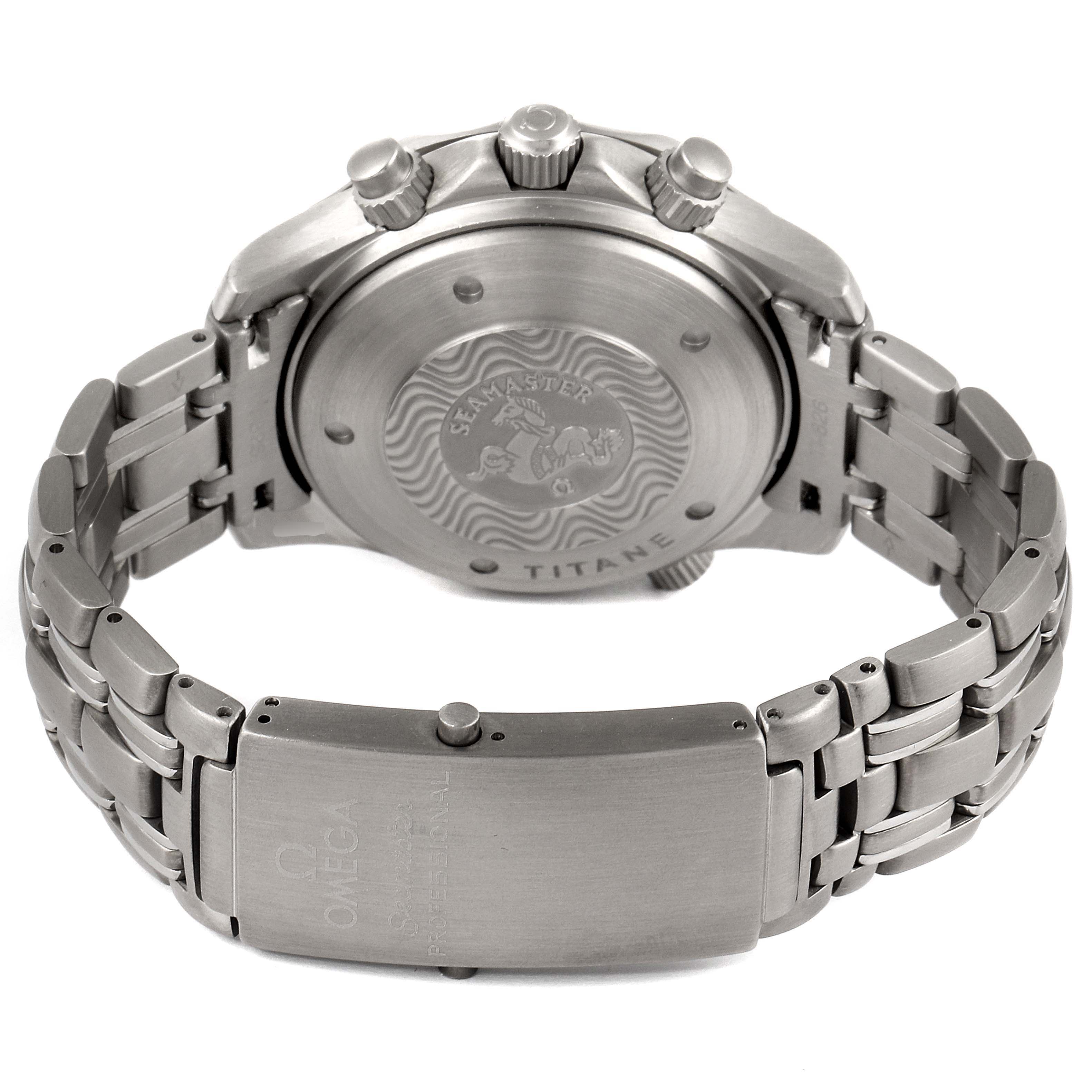 The image shows the back case, crown, and clasp of an Omega Seamaster 2298.80.00 Men's Platinum Blue Dial 2298.80.00 Men's Platinum Blue Dial watch.