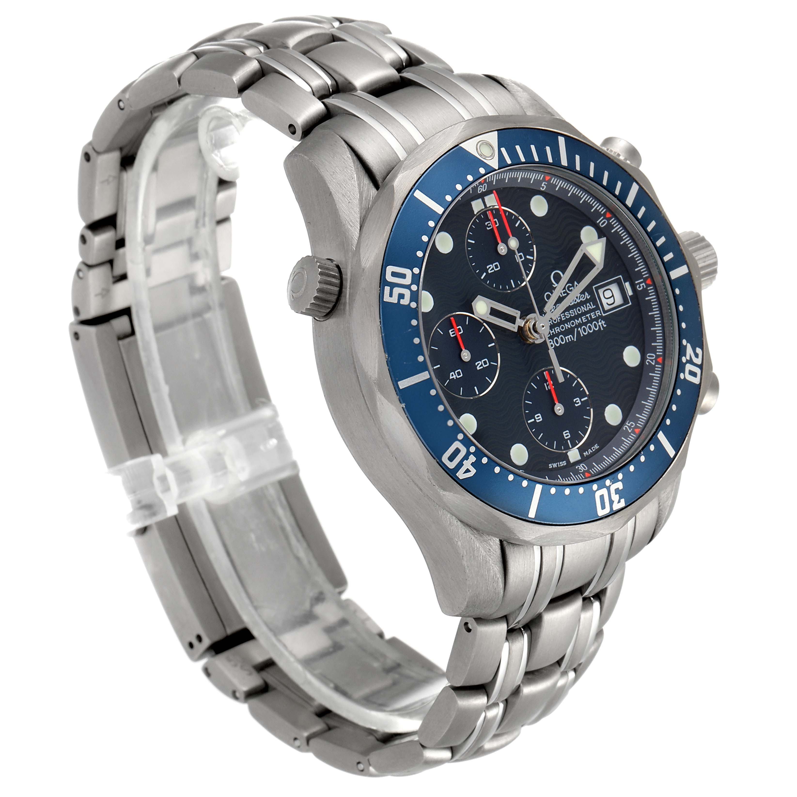 The image shows an angled side view of an Omega Seamaster 2298.80.00 Men's Platinum Blue Dial 2298.80.00 Men's Platinum Blue Dial watch, highlighting the face, crown, and bracelet.