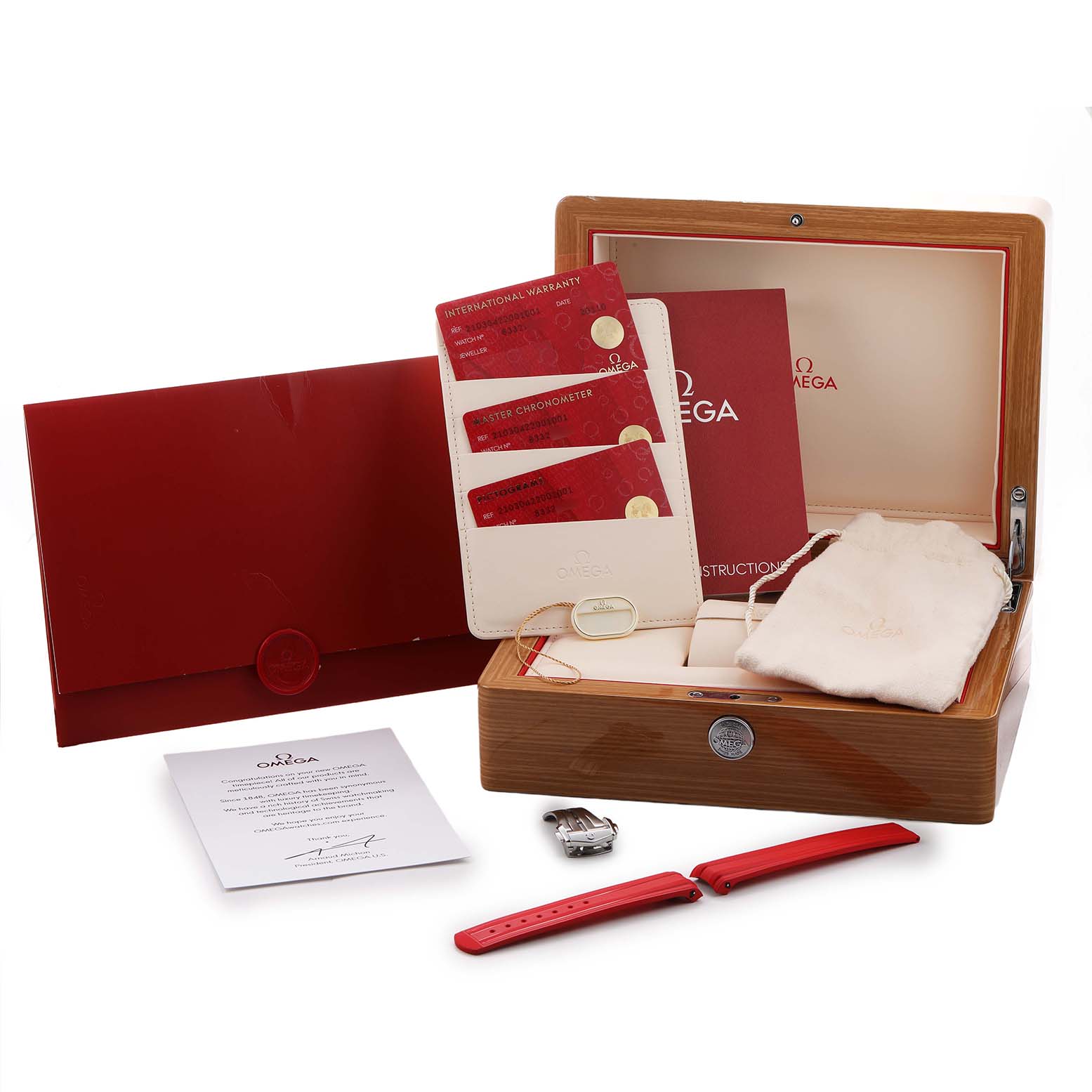 The image shows an Omega Seamaster 210.30.42.20.01.001 Men's Stainless Steel Black Dial watch set including the watch box, straps, warranty cards, a manual, and a pouch.