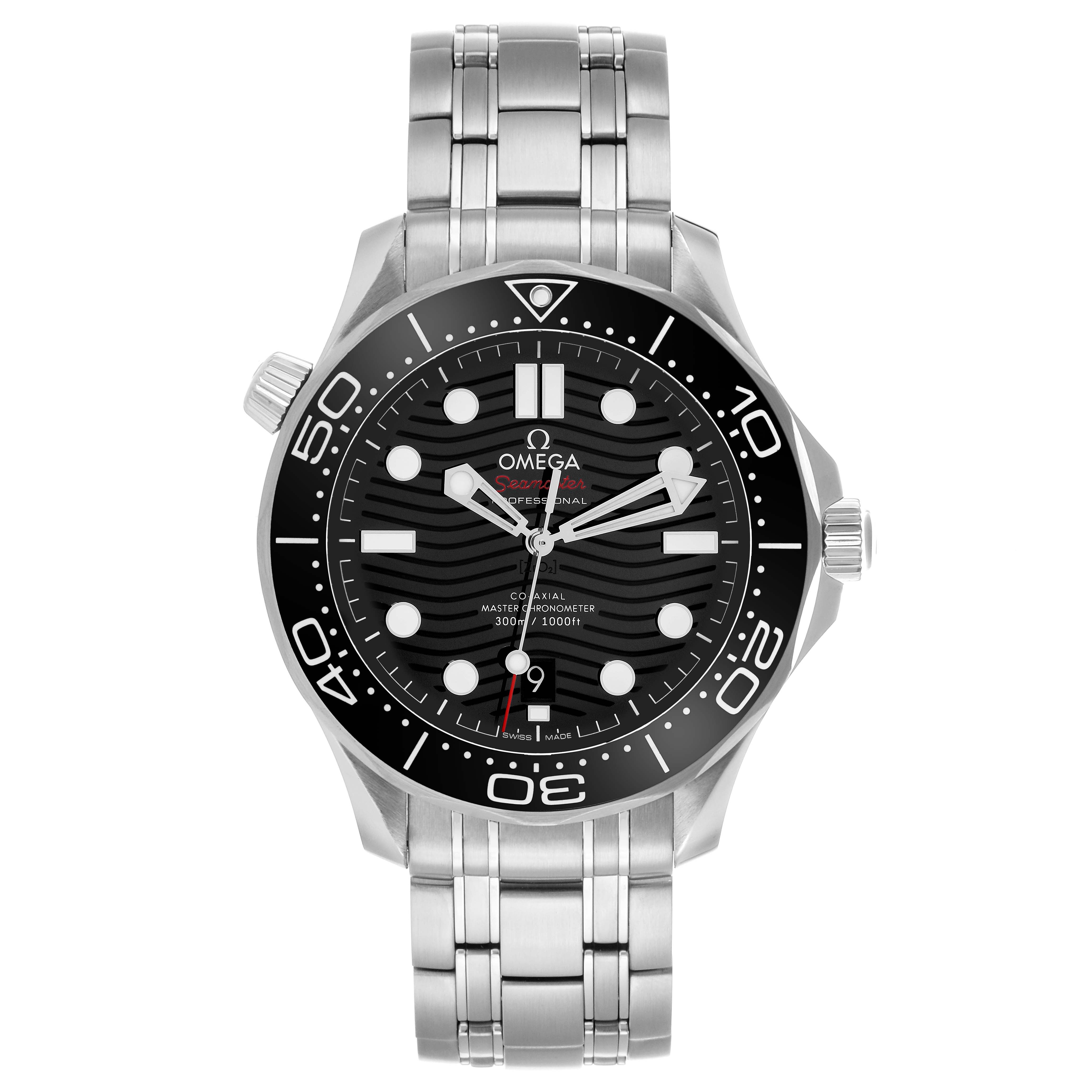The Omega Seamaster 210.30.42.20.01.001 Men's Stainless Steel Black Dial watch is shown from a front angle with a stainless steel bracelet and black dial.