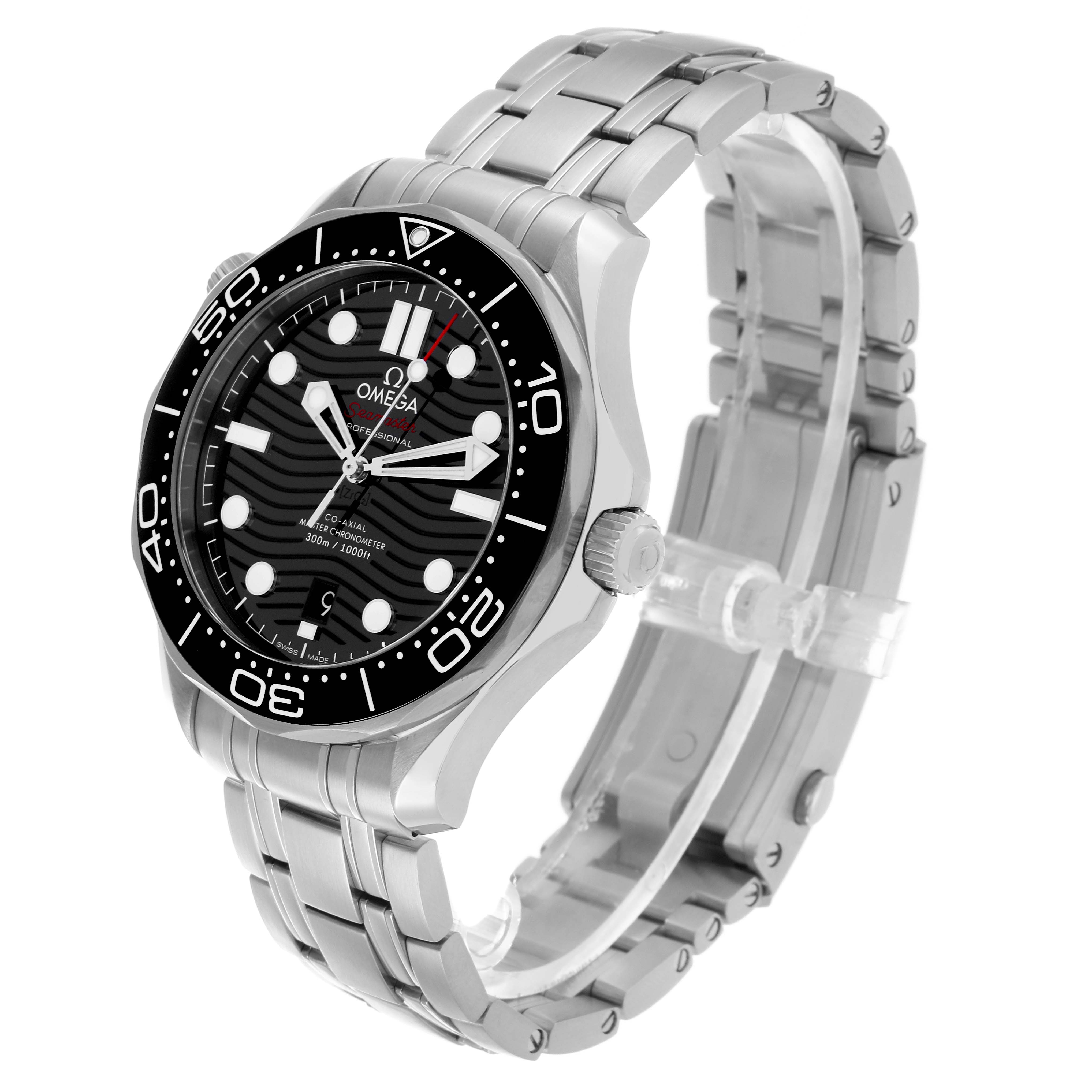 This Omega Seamaster 210.30.42.20.01.001 Men's Stainless Steel Black Dial watch is shown from a three-quarter angle, displaying the face, bezel, crown, and bracelet.