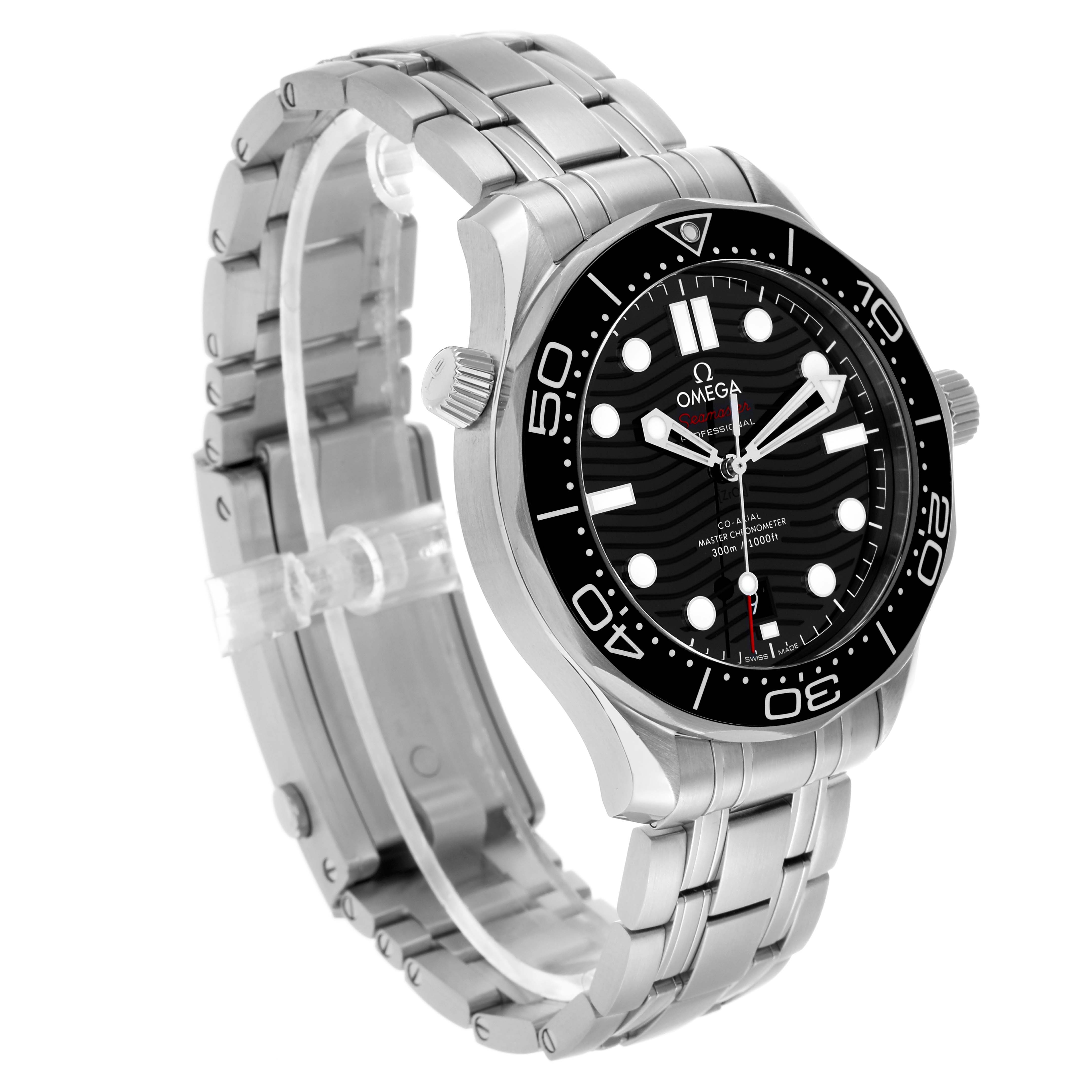 The Omega Seamaster 210.30.42.20.01.001 Men's Stainless Steel Black Dial watch is shown at a slight angle, highlighting the face, bezel, crown, and stainless steel bracelet.