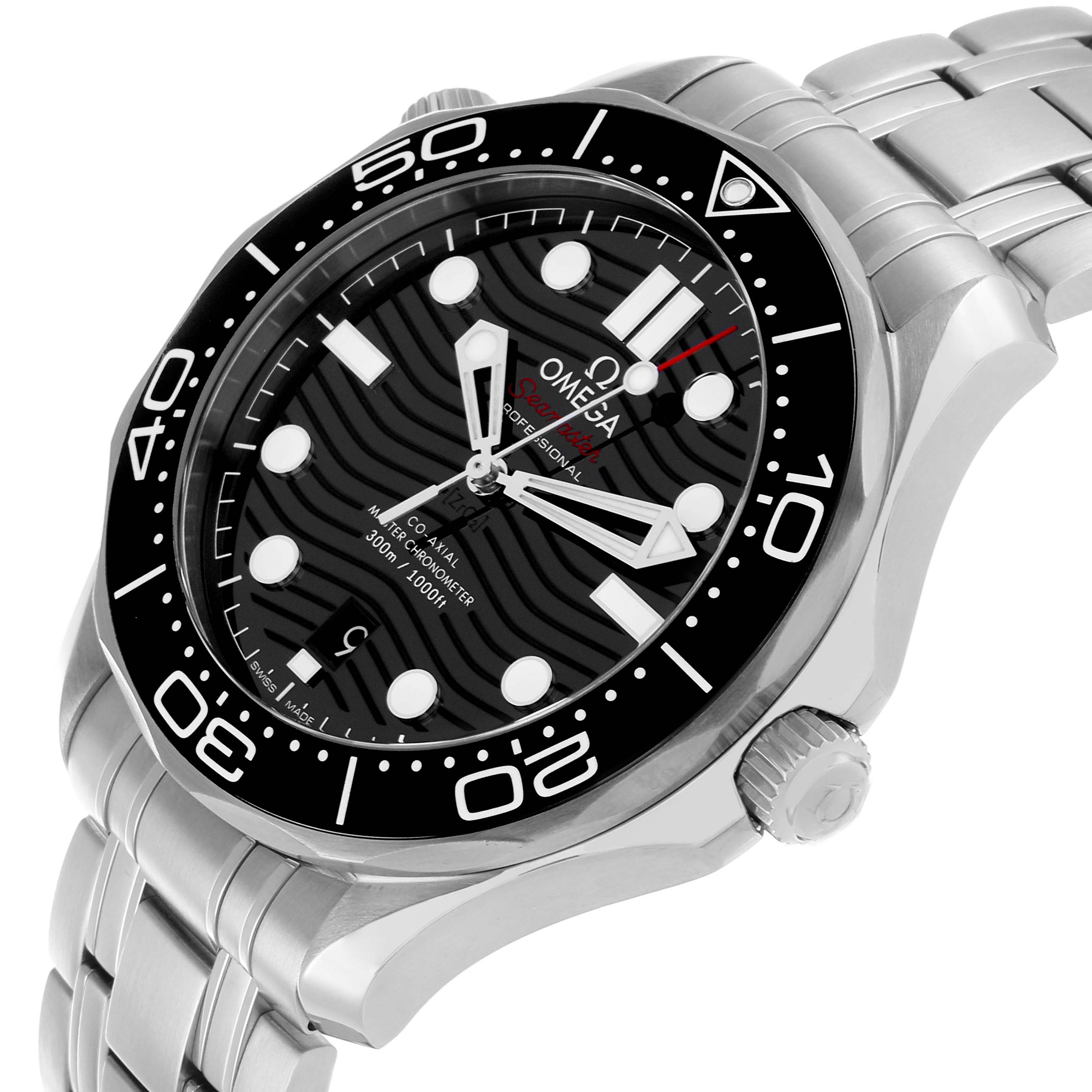 The Omega Seamaster 210.30.42.20.01.001 Men's Stainless Steel Black Dial watch is shown at a slight angle, highlighting the face, bezel, crown, and part of the bracelet.