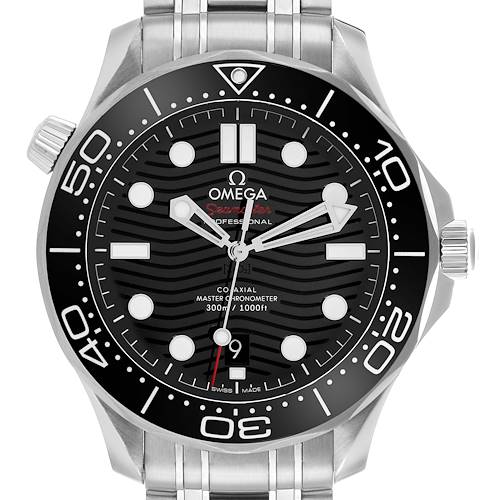 The Omega Seamaster 210.30.42.20.01.001 Men's Stainless Steel Black Dial watch is shown from a frontal angle, displaying its dial, bezel, and bracelet clearly.