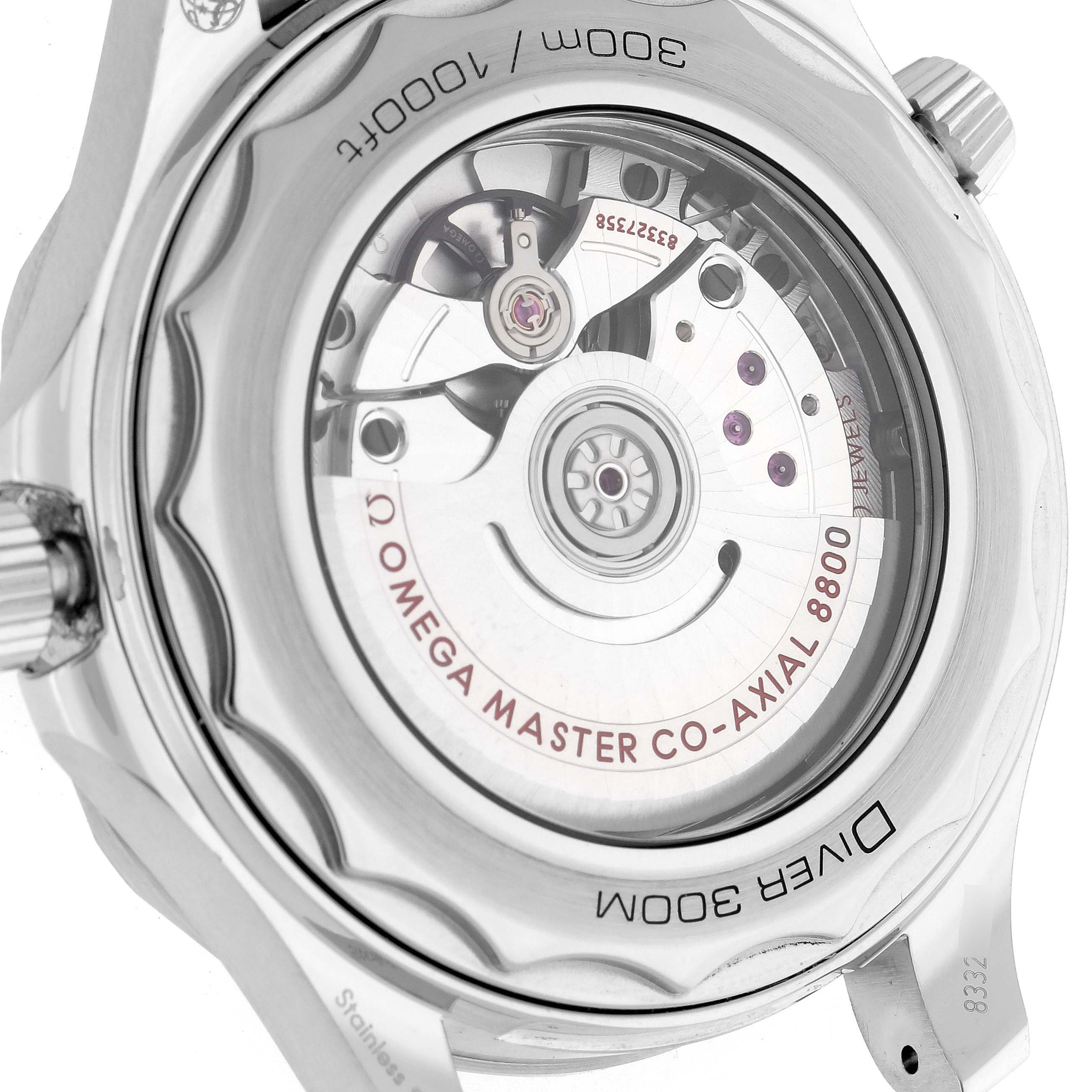 The image shows the backside of an Omega Seamaster 210.30.42.20.01.001 Men's Stainless Steel Black Dial, highlighting the exposed movement and case back details.