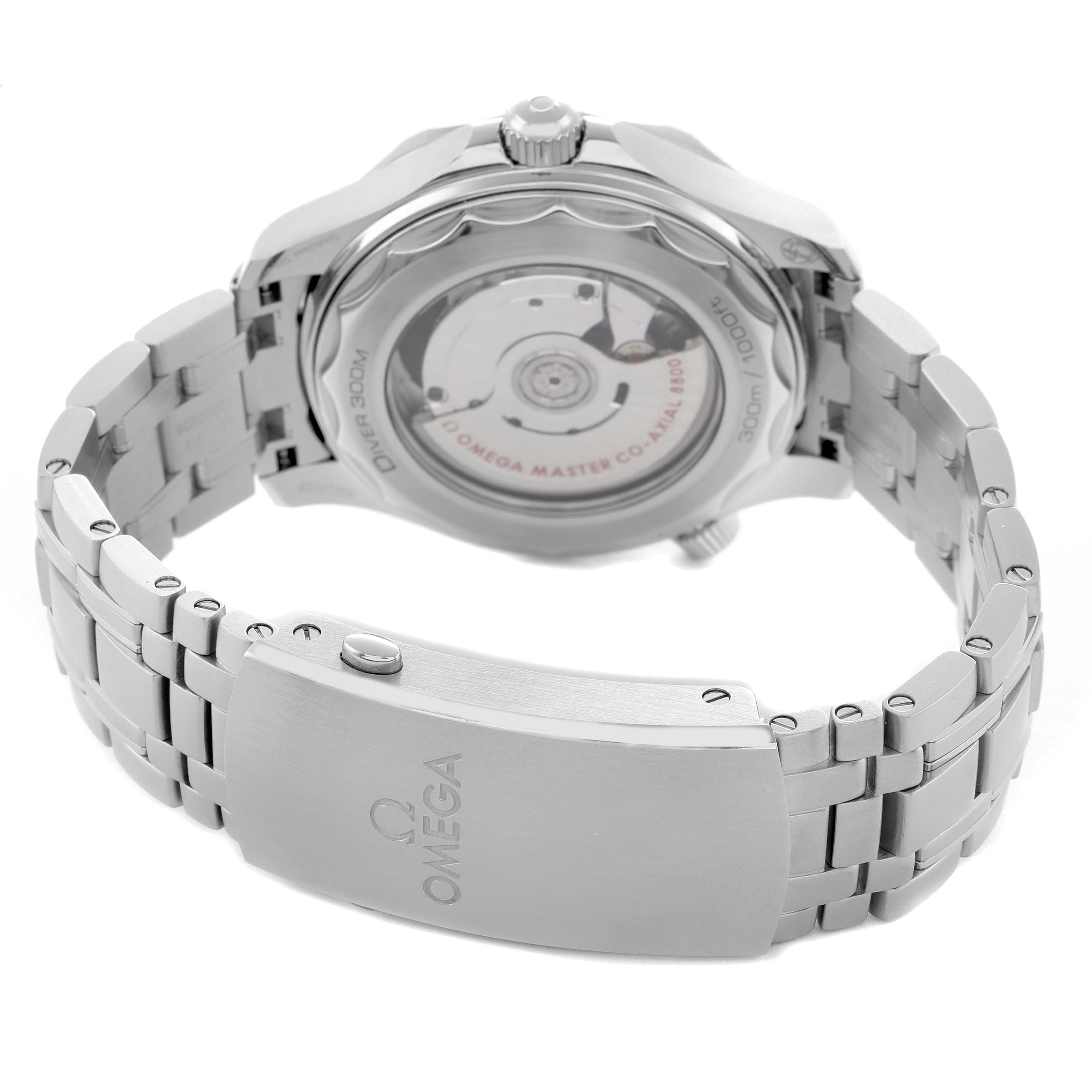 The image shows the back and clasp of an Omega Seamaster 210.30.42.20.01.001 Men's Stainless Steel Black Dial watch, highlighting the movement and bracelet details.