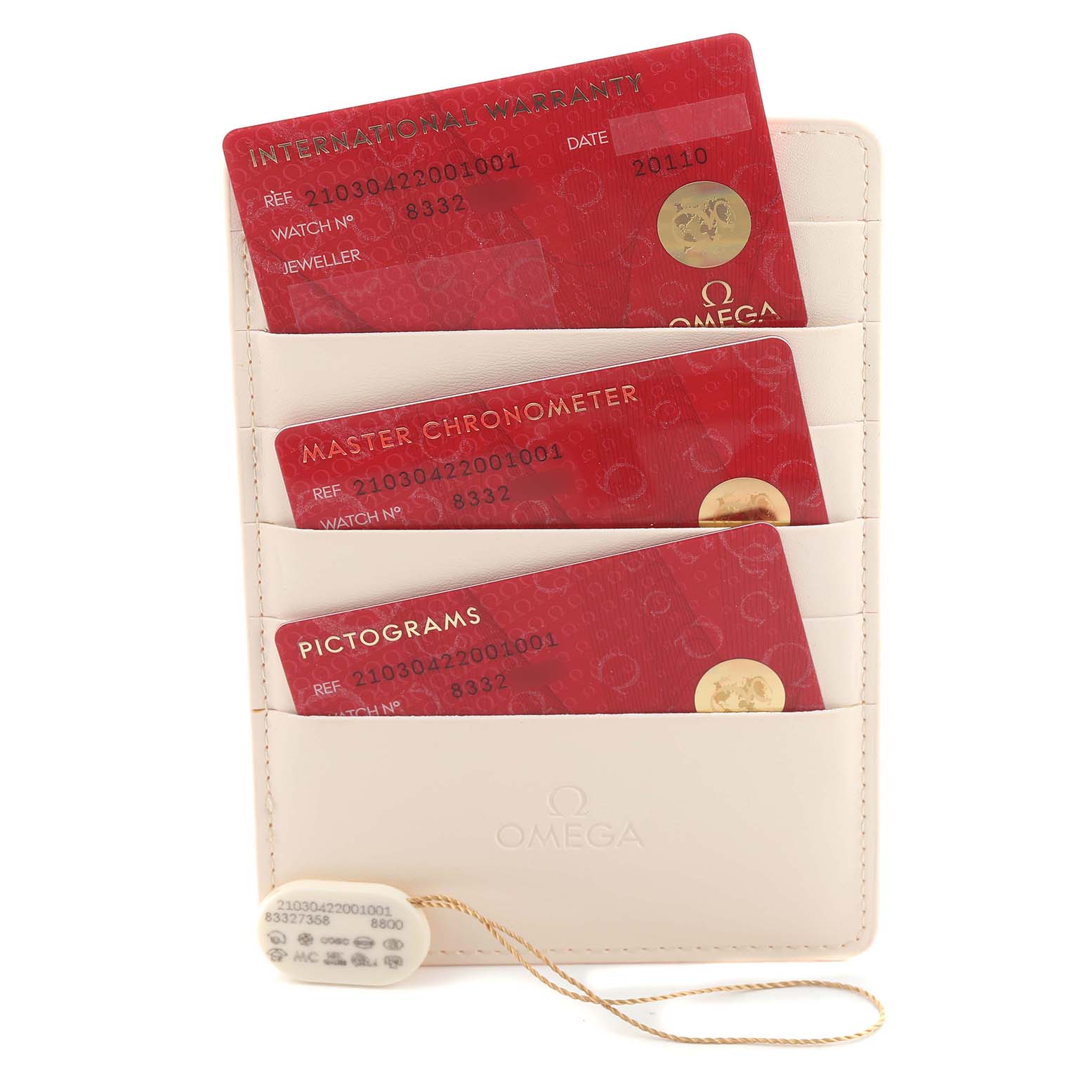 The image shows Omega Seamaster 210.30.42.20.01.001 Men's Stainless Steel Black Dial documentation: warranty, chronometer, and pictogram cards neatly placed in a holder.