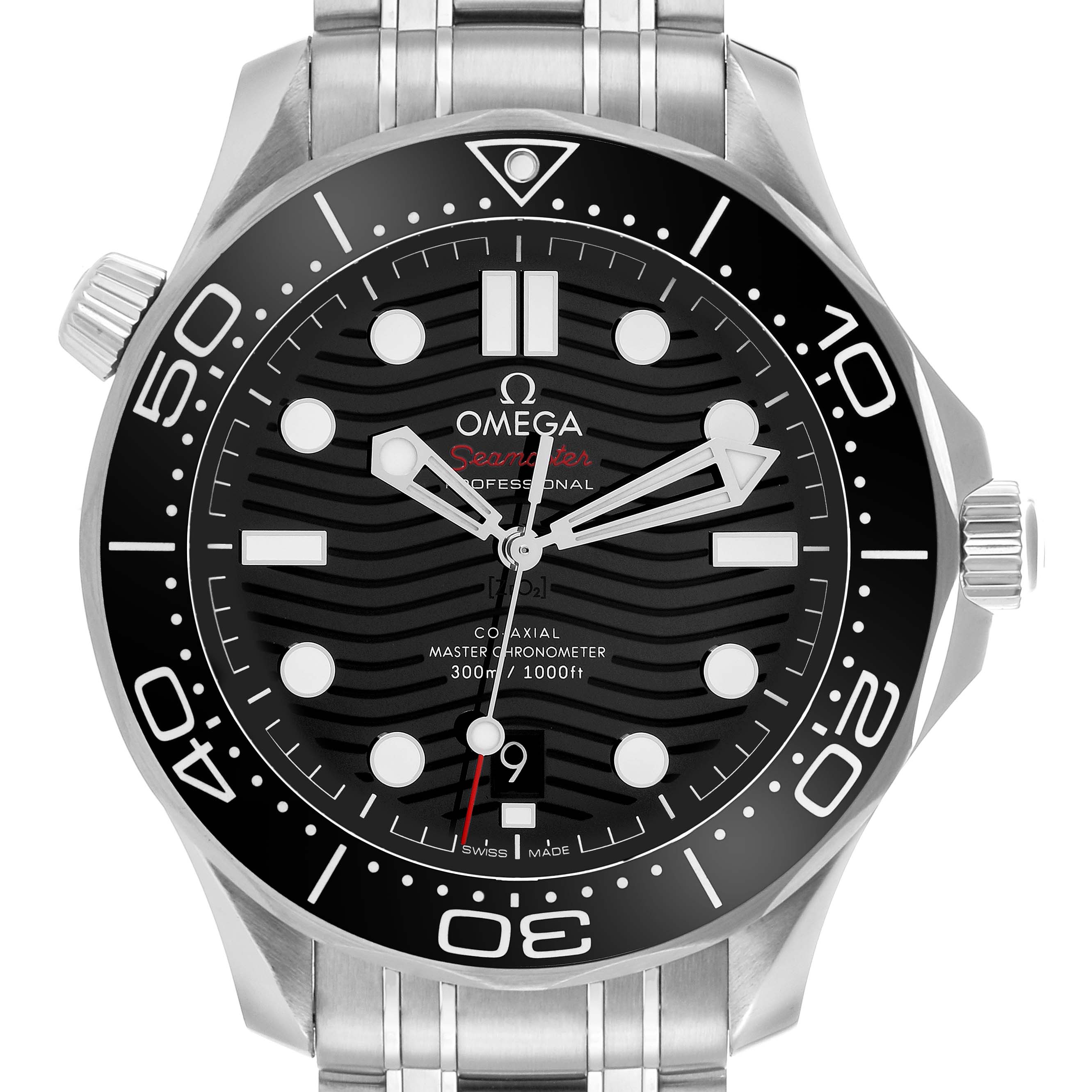The Omega Seamaster 210.30.42.20.01.001 Men's Stainless Steel Black Dial watch is shown from a front angle, displaying its black dial and stainless steel bezel.