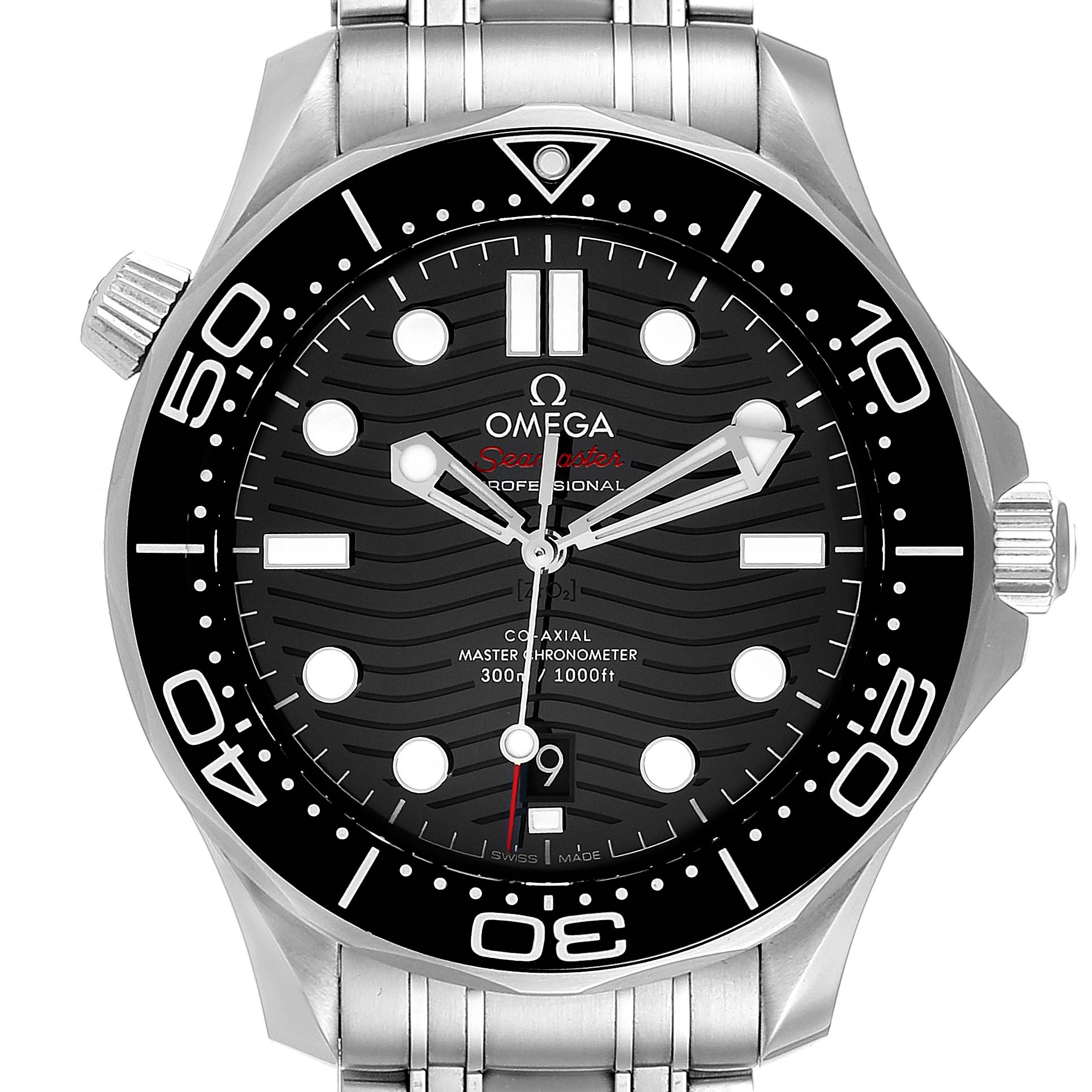 The image shows a front view of the Omega Seamaster 210.30.42.20.01.001 Men's Stainless Steel Black Dial 210.30.42.20.01.001 Men's Stainless Steel Black Dial watch, highlighting its dial, bezel, and part of the bracelet.