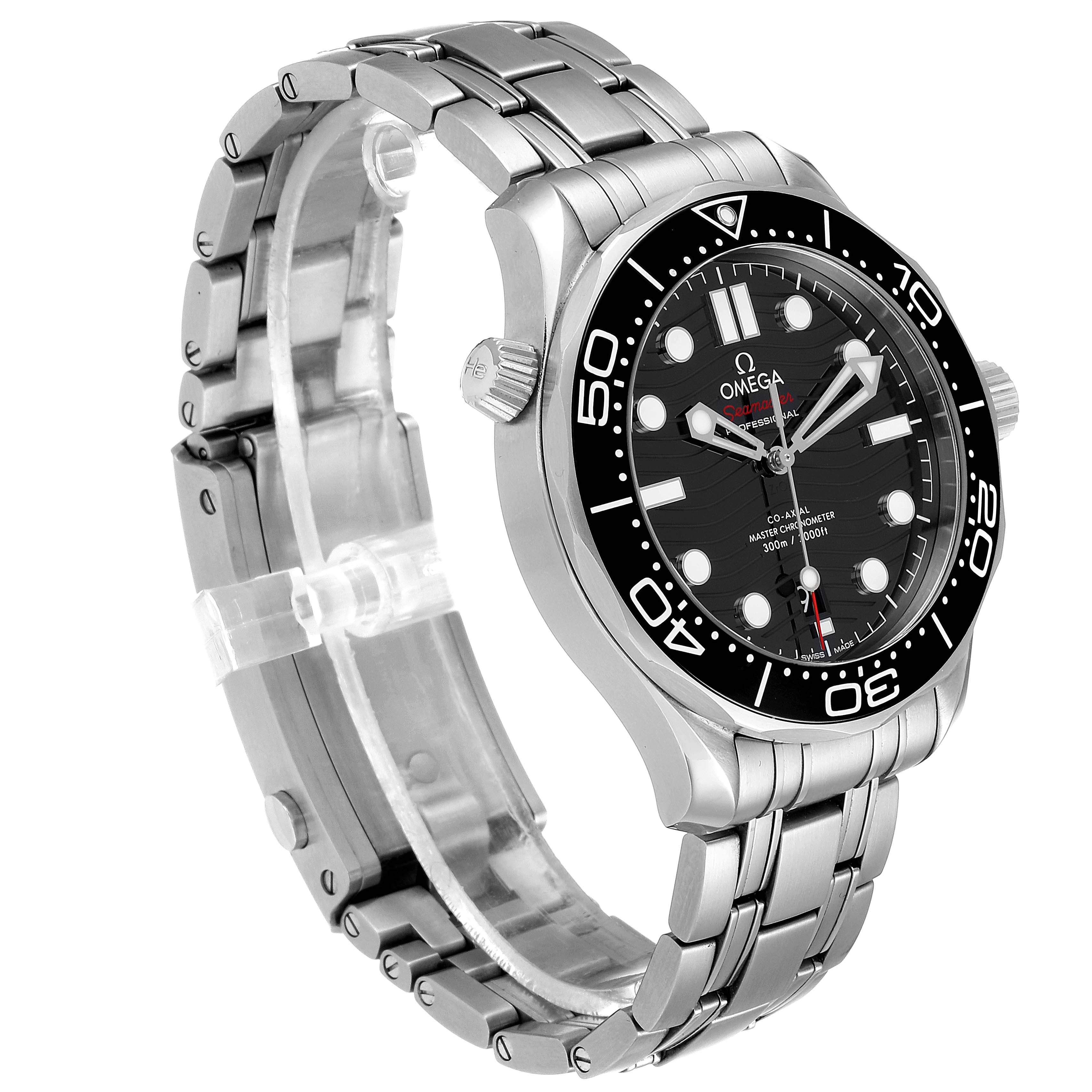 The Omega Seamaster 210.30.42.20.01.001 Men's Stainless Steel Black Dial 210.30.42.20.01.001 Men's Stainless Steel Black Dial watch is shown at an angled side view, displaying the band, bezel, and face.