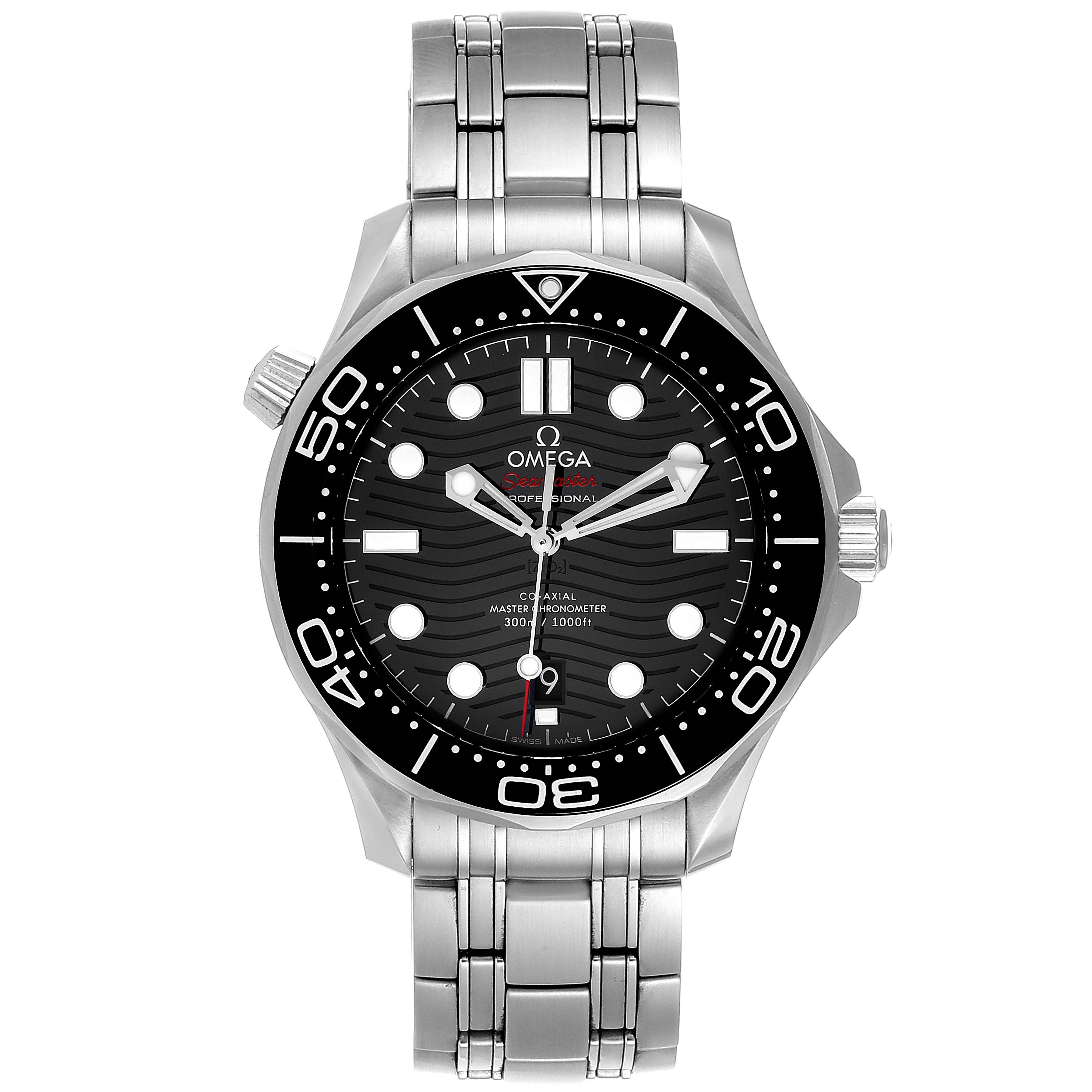 The image shows a front angle of the Omega Seamaster 210.30.42.20.01.001 Men's Stainless Steel Black Dial 210.30.42.20.01.001 Men's Stainless Steel Black Dial watch, highlighting its dial, bezel, and stainless steel bracelet.
