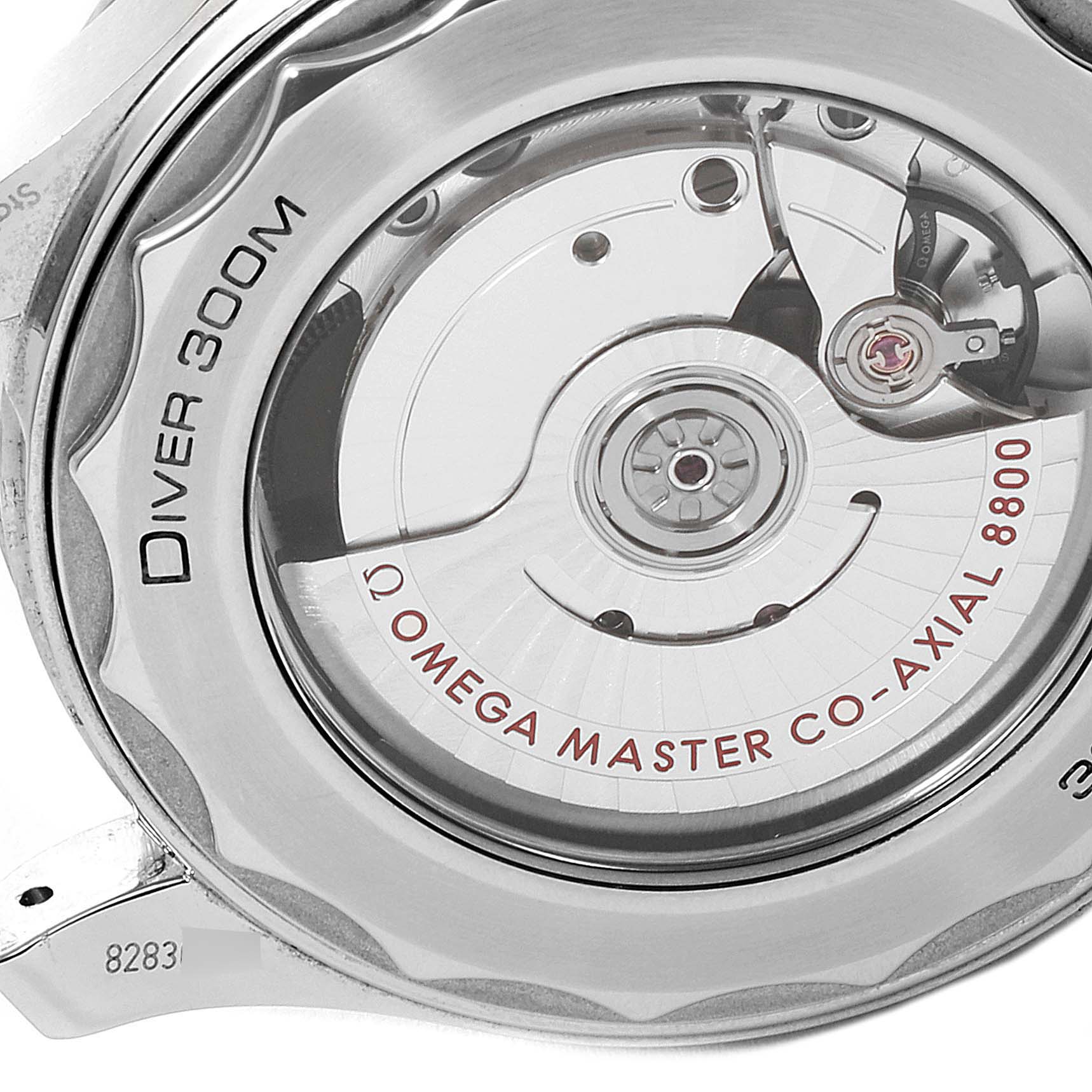 The image shows the case back, revealing the movement of the Omega Seamaster 210.30.42.20.01.001 Men's Stainless Steel Black Dial 210.30.42.20.01.001 Men's Stainless Steel Black Dial Diver 300M, labeled "OMEGA MASTER CO-AXIAL 8800."