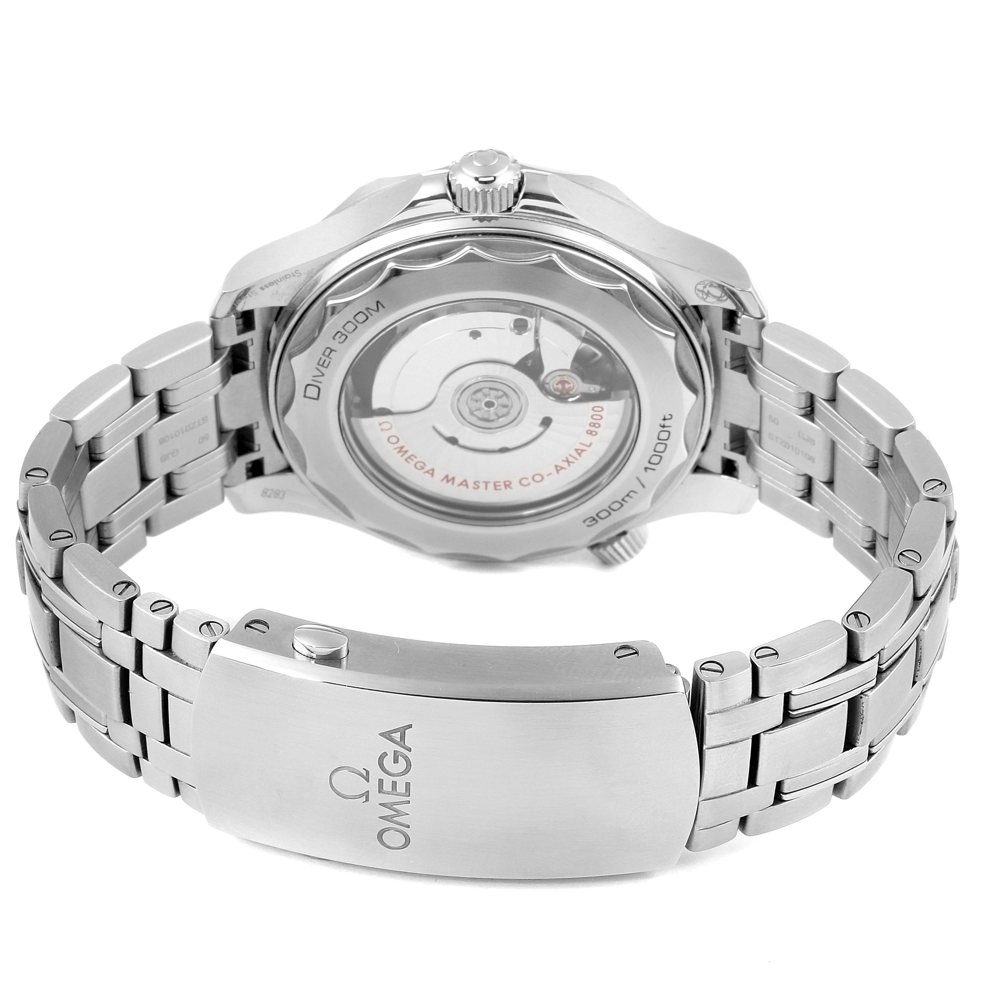 The image shows the back view of an Omega Seamaster 210.30.42.20.01.001 Men's Stainless Steel Black Dial 210.30.42.20.01.001 Men's Stainless Steel Black Dial watch, highlighting its clasp and exposed movement.