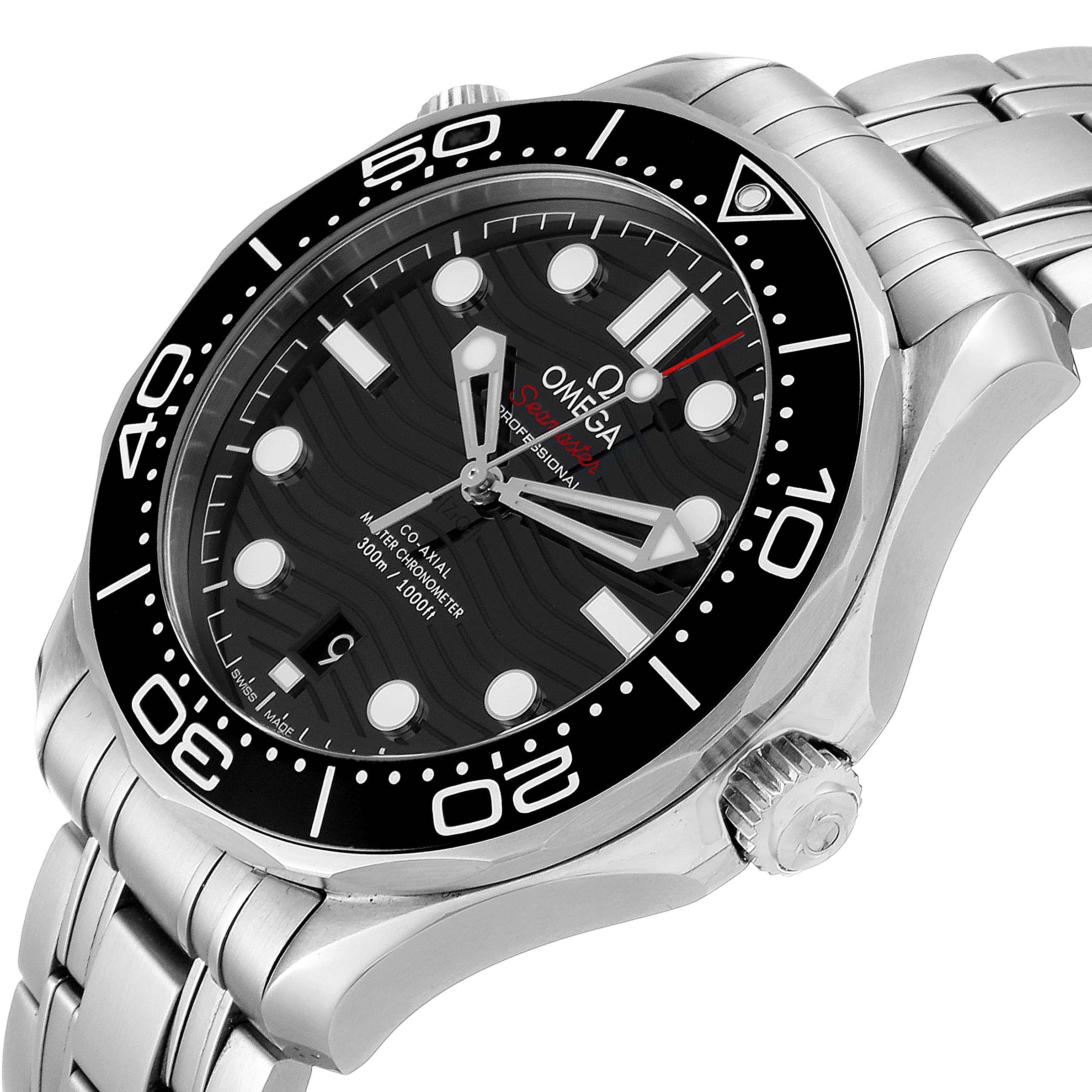 The Omega Seamaster 210.30.42.20.01.001 Men's Stainless Steel Black Dial 210.30.42.20.01.001 Men's Stainless Steel Black Dial watch is shown at a slight side angle, highlighting its black dial, bezel, and stainless steel bracelet.