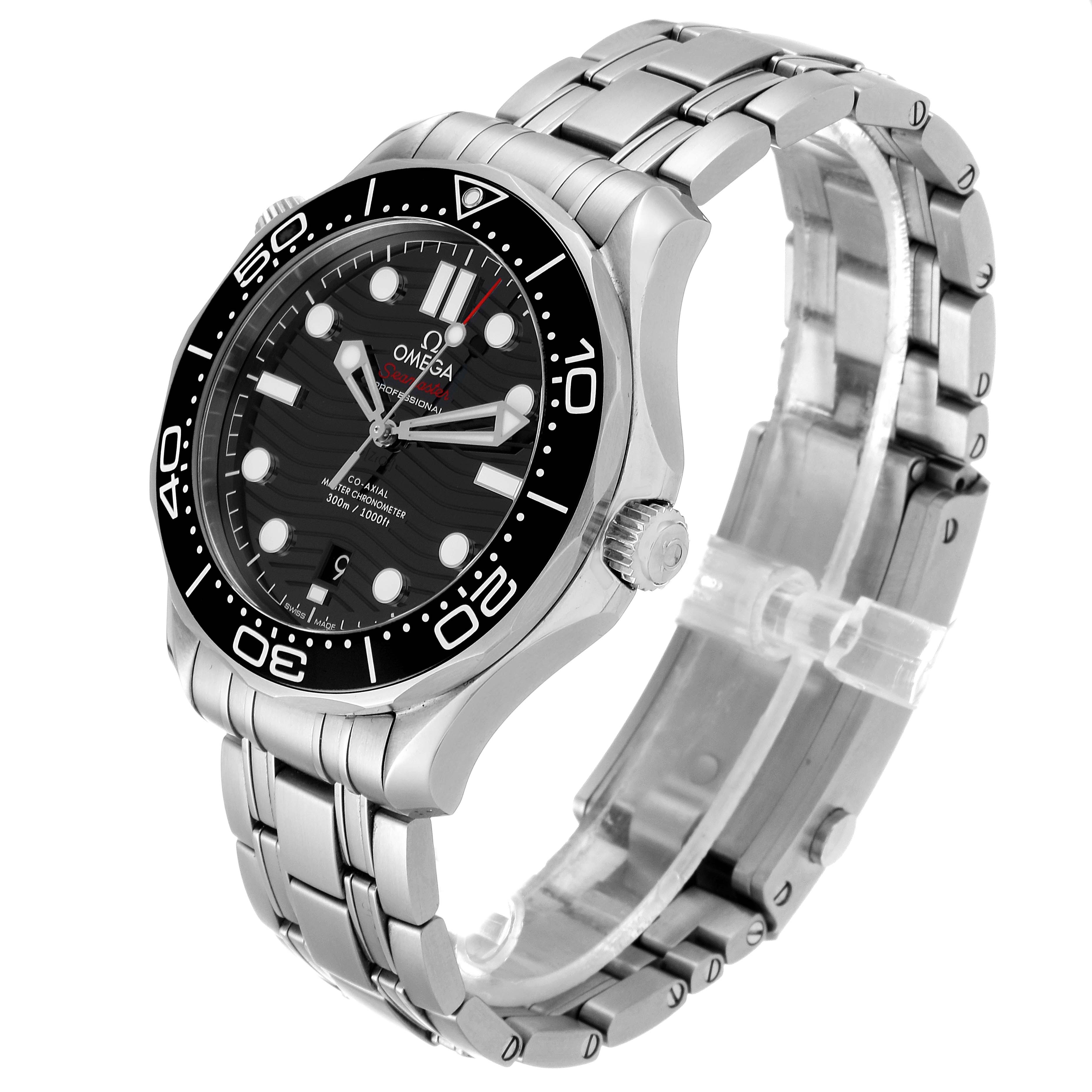 The image shows a side angle of the Omega Seamaster 210.30.42.20.01.001 Men's Stainless Steel Black Dial 210.30.42.20.01.001 Men's Stainless Steel Black Dial watch, highlighting the face, bezel, crown, and bracelet.