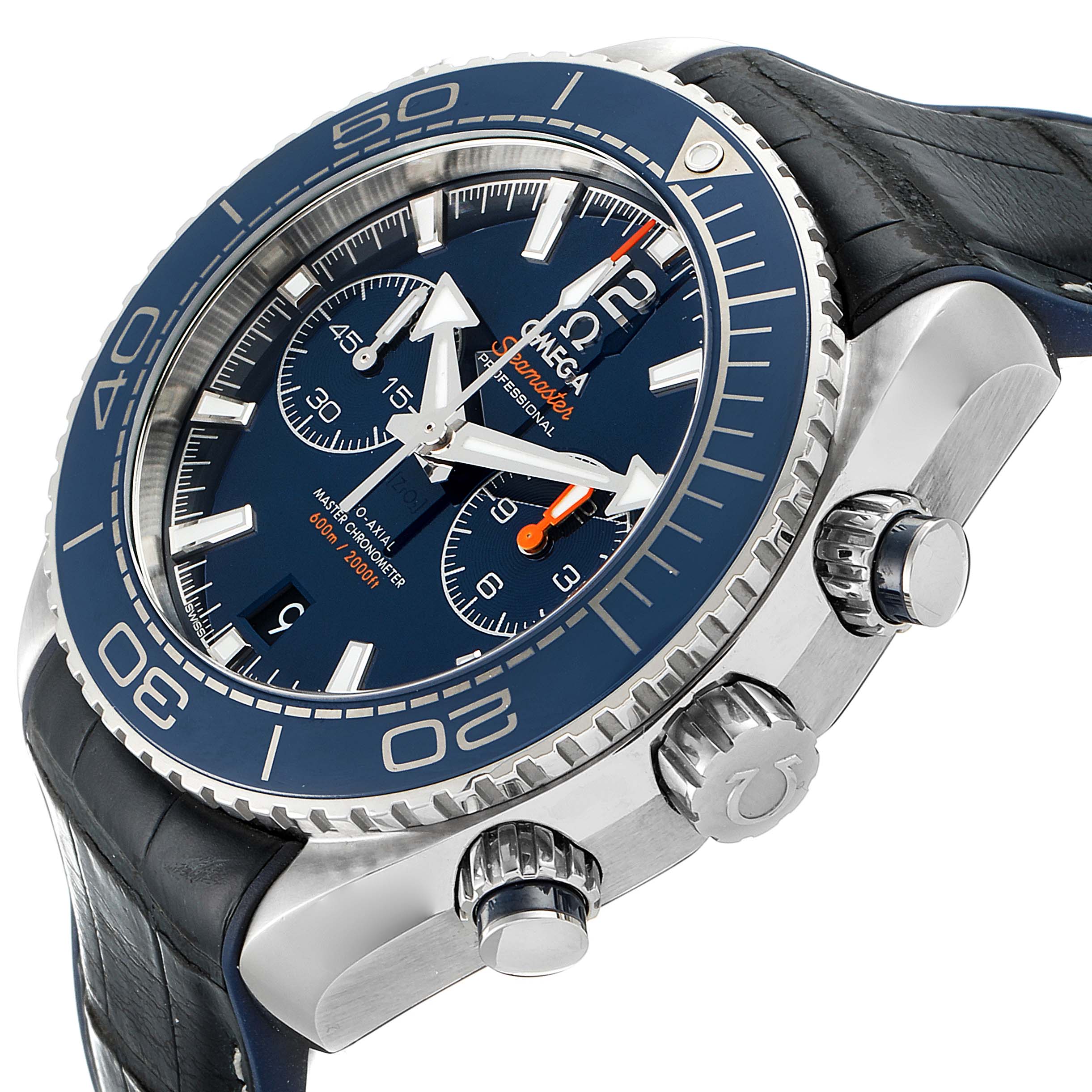 The image shows a close-up, angled side view of the Omega Planet Ocean 215.33.46.51.03.001 Men
s Stainless Steel Blue Dial 215.33.46.51.03.001 Men
s Stainless Steel Blue Dial watch, highlighting its bezel, dial, and crown.