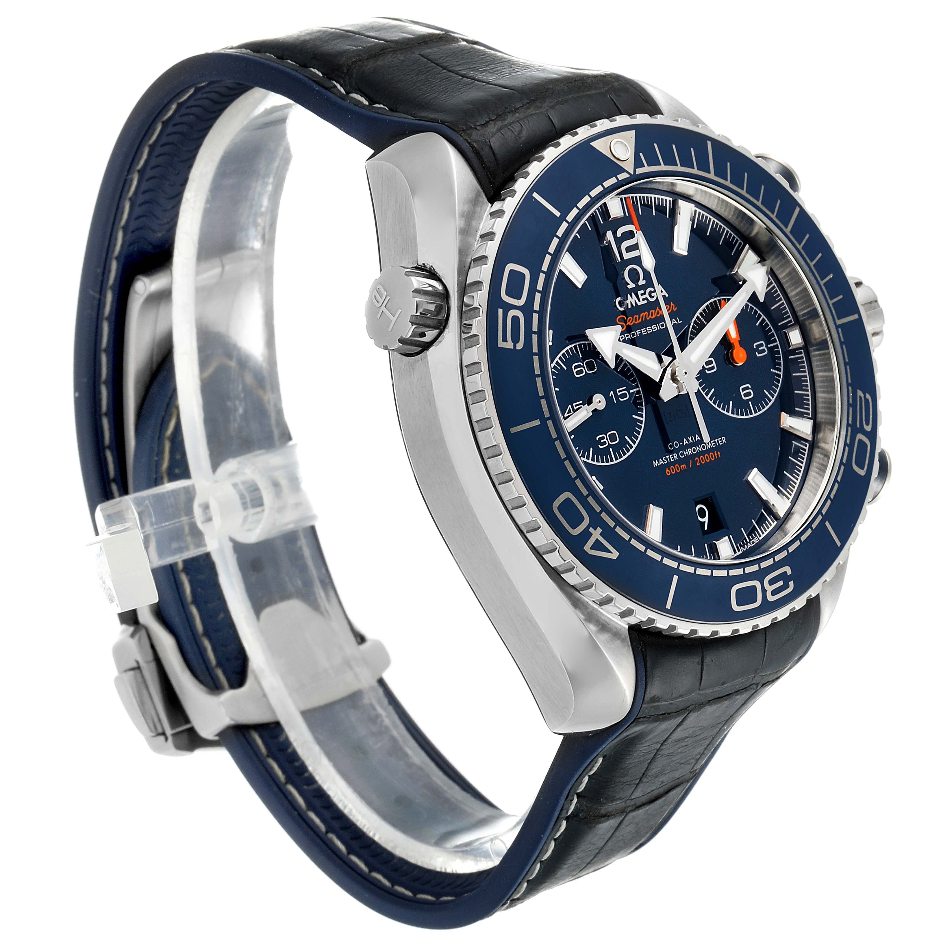 The Omega Planet Ocean 215.33.46.51.03.001 Men
s Stainless Steel Blue Dial 215.33.46.51.03.001 Men
s Stainless Steel Blue Dial watch is shown at a three-quarter angle highlighting its face, bezel, crown, and strap.