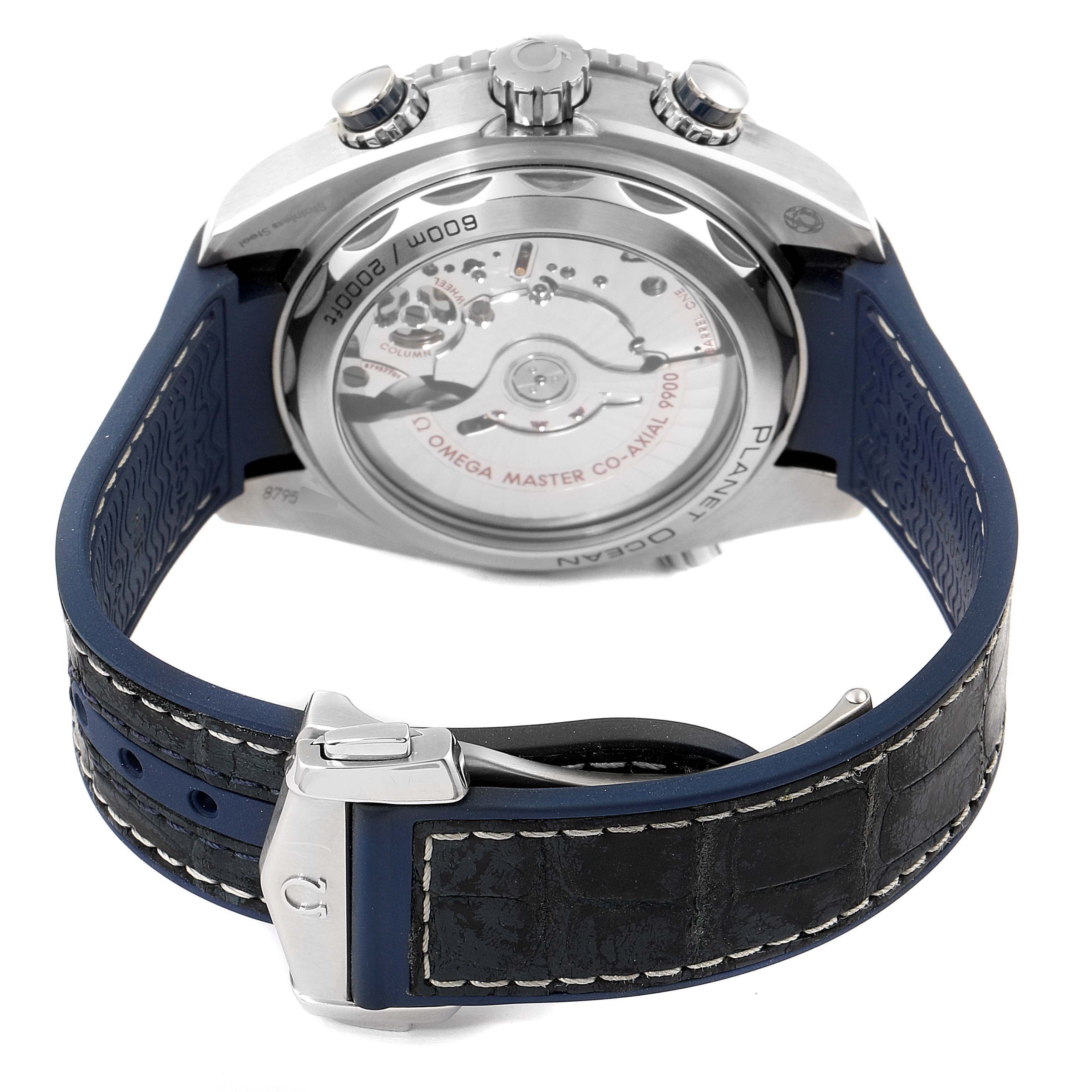 The image shows the back view of the Omega Planet Ocean 215.33.46.51.03.001 Men
s Stainless Steel Blue Dial 215.33.46.51.03.001 Men
s Stainless Steel Blue Dial watch, displaying its movement and part of the strap and clasp.