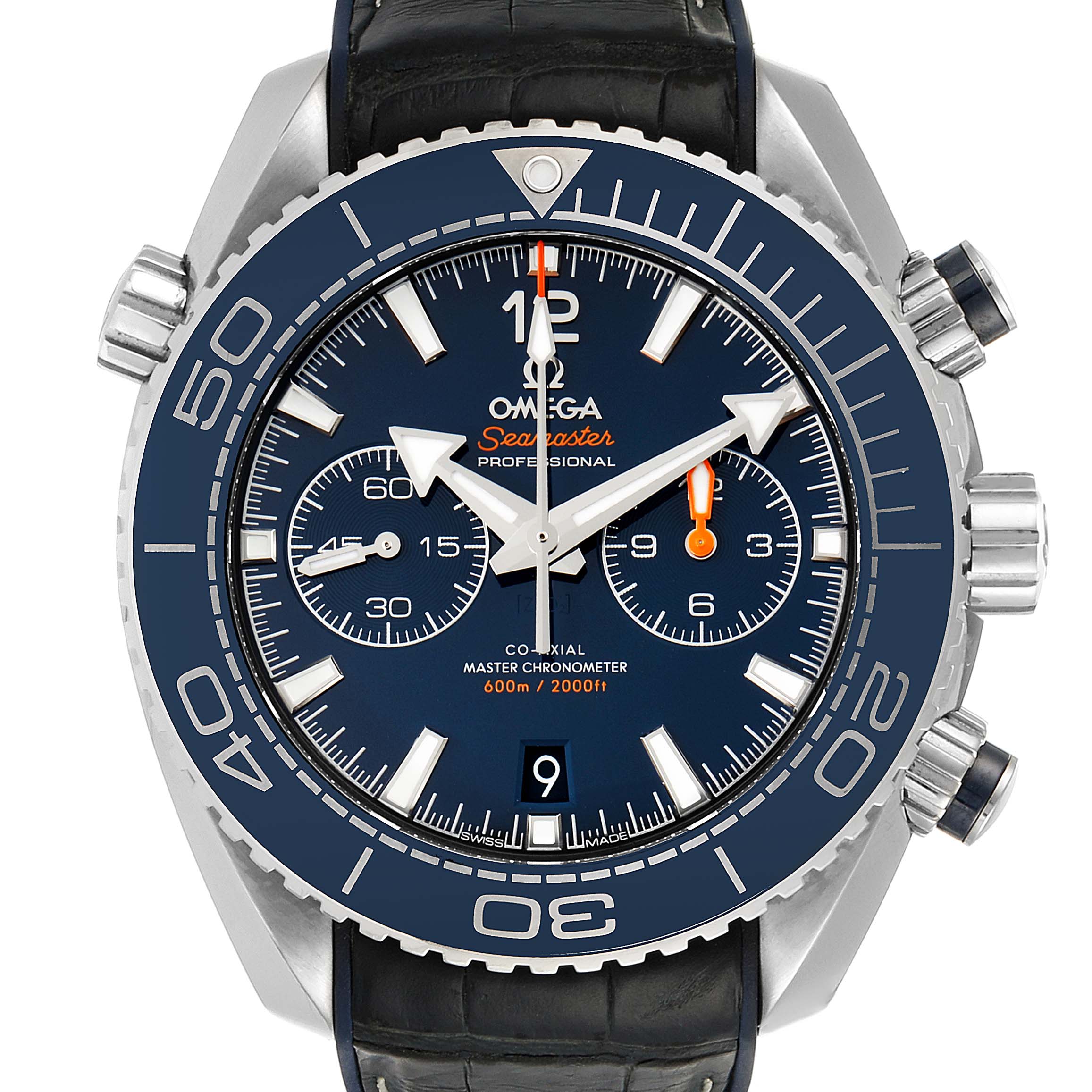 The image shows a front view of the Omega Planet Ocean 215.33.46.51.03.001 Men
s Stainless Steel Blue Dial 215.33.46.51.03.001 Men
s Stainless Steel Blue Dial watch, highlighting its dial, bezel, subdials, and crown.