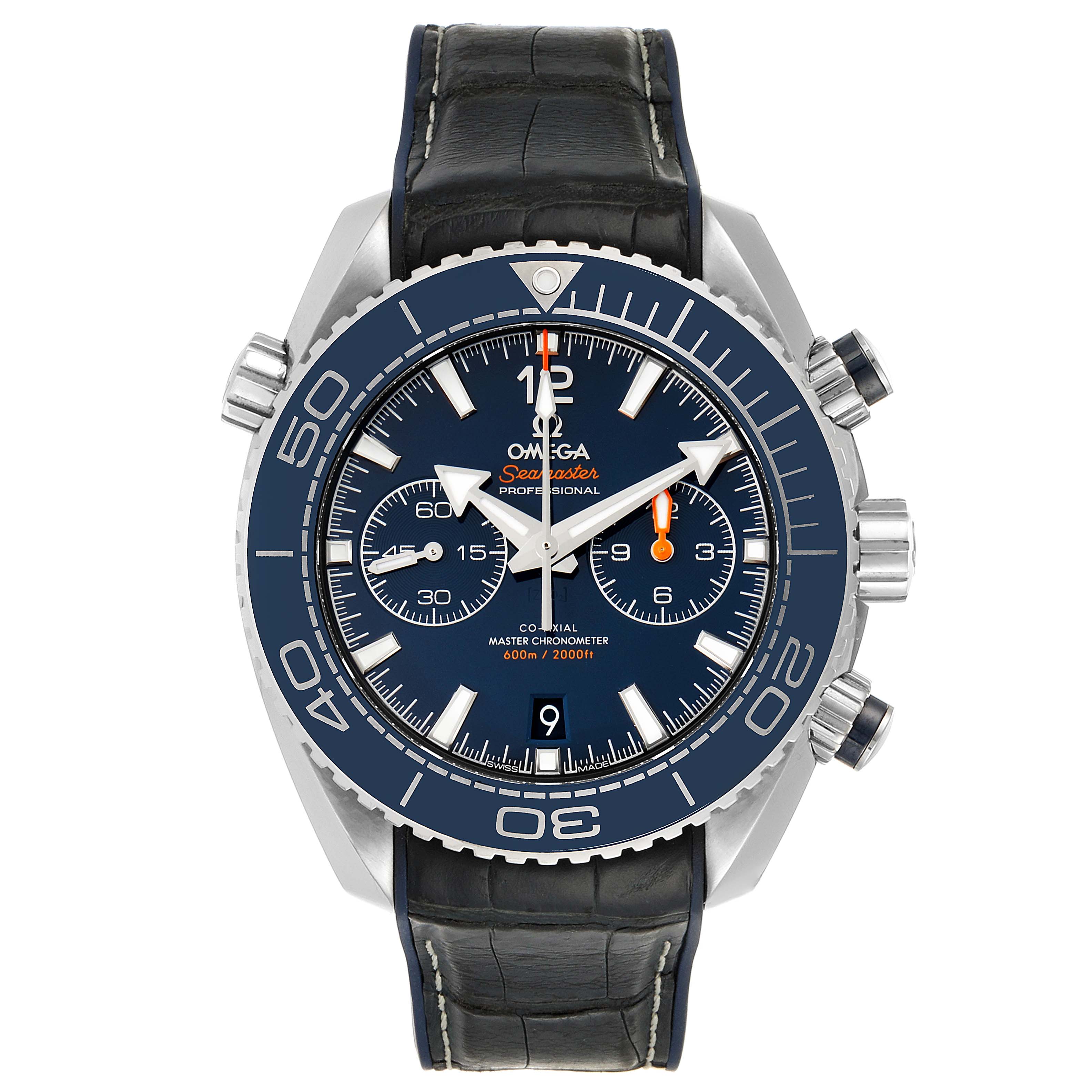 The image shows a front view of the Omega Planet Ocean 215.33.46.51.03.001 Men
s Stainless Steel Blue Dial 215.33.46.51.03.001 Men
s Stainless Steel Blue Dial watch, highlighting the dial, bezel, chronograph subdials, and leather strap.