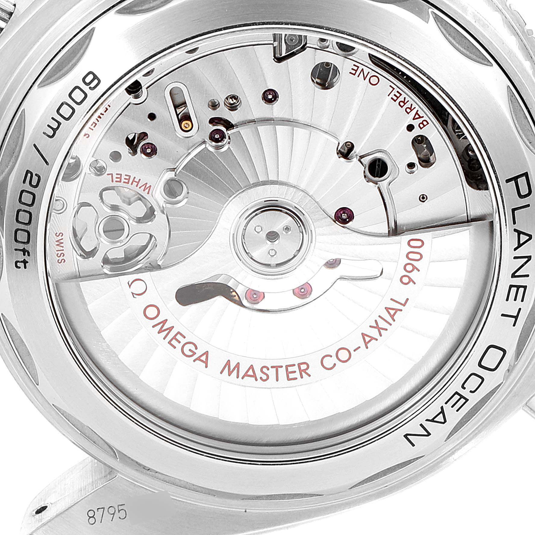 The image shows the caseback and inner mechanics of an Omega Planet Ocean 215.33.46.51.03.001 Men
s Stainless Steel Blue Dial 215.33.46.51.03.001 Men
s Stainless Steel Blue Dial watch, revealing the Omega Master Co-Axial 9900 movement.