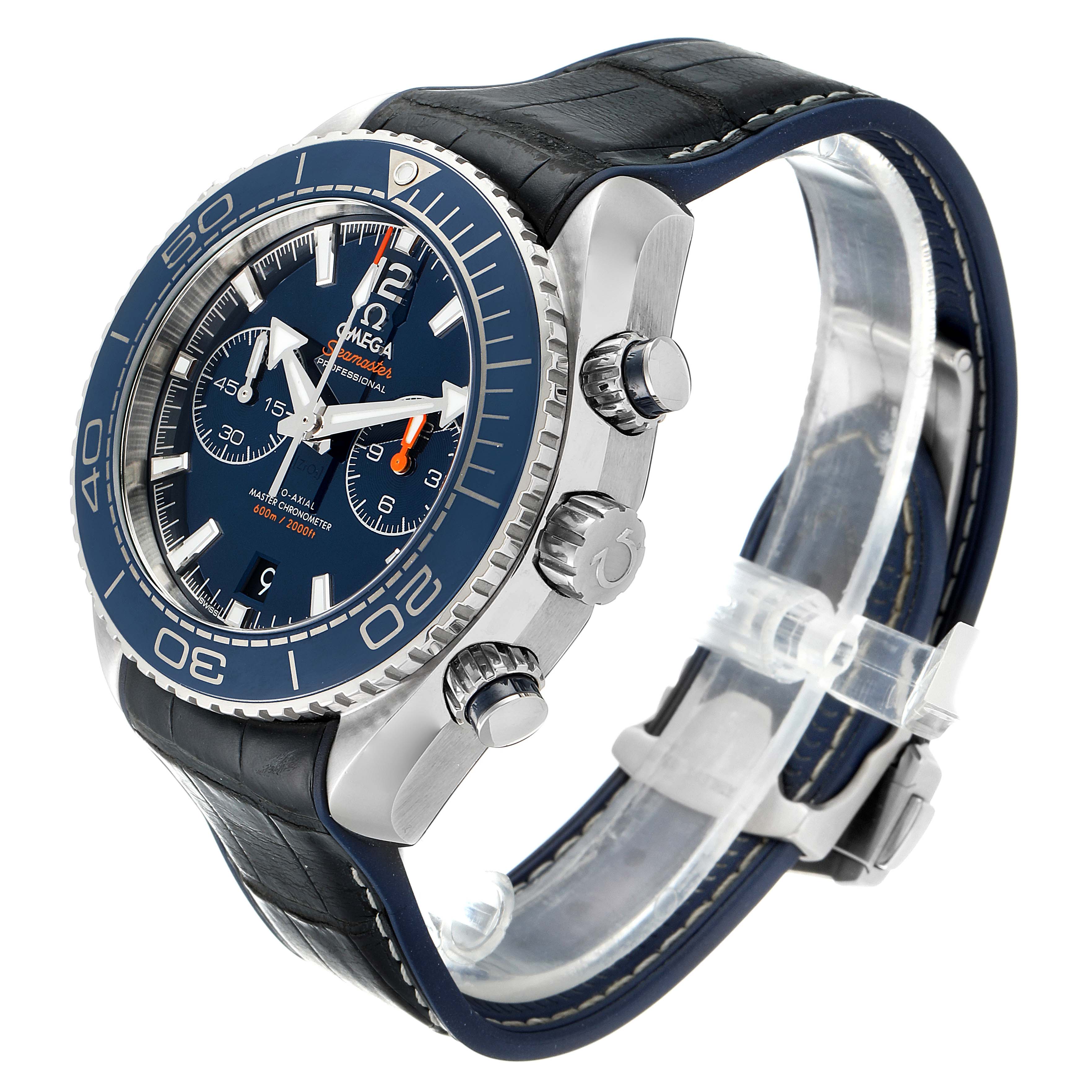 The image shows an angled side view of the Omega Planet Ocean 215.33.46.51.03.001 Men
s Stainless Steel Blue Dial 215.33.46.51.03.001 Men
s Stainless Steel Blue Dial watch, highlighting the dial, bezel, crown, and strap.