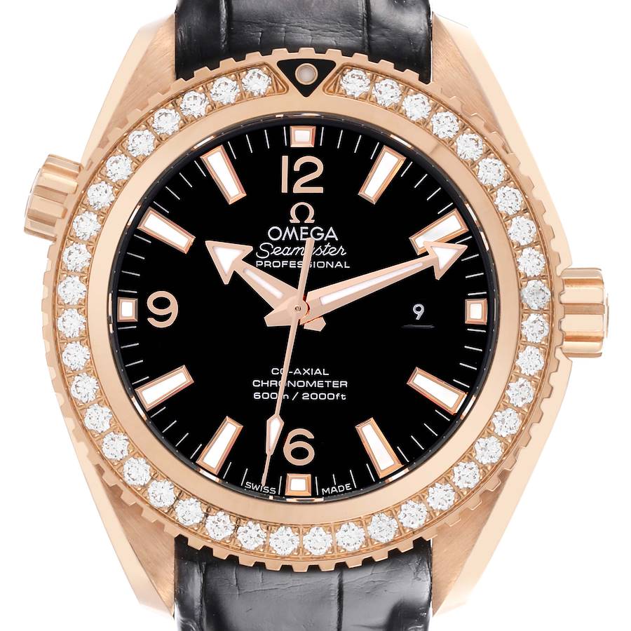 The Omega Seamaster Planet Ocean is shown from the front, highlighting its rose gold diamond bezel and black dial.